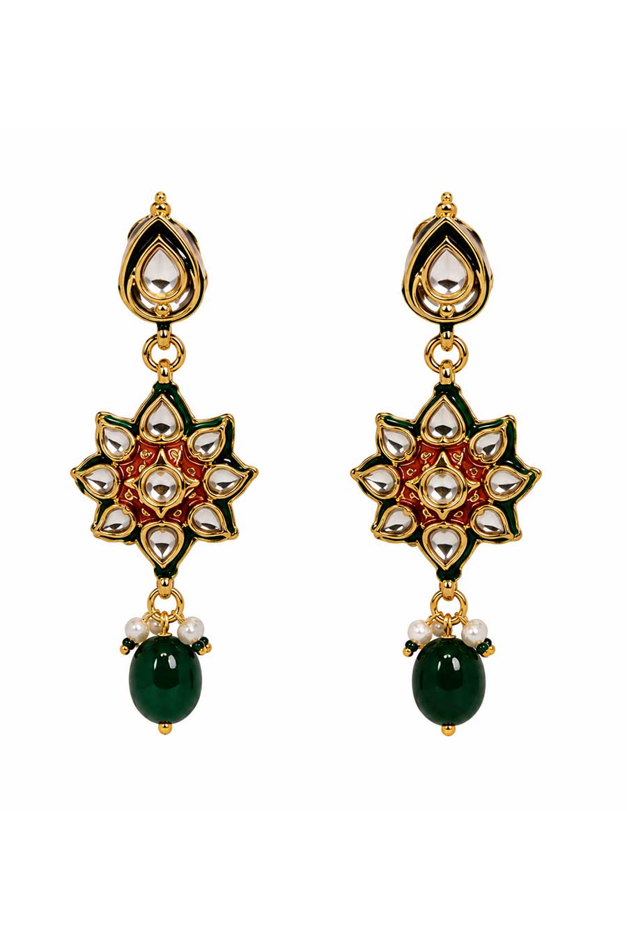 Layered Kundan & Emerald Beaded Necklace & Earrings Set