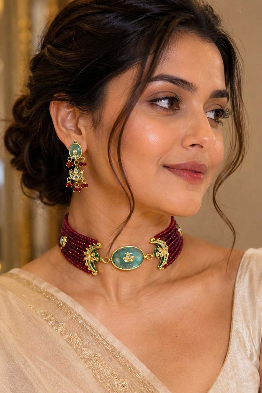Emerald Beaded Choker Necklace & Earrings Set