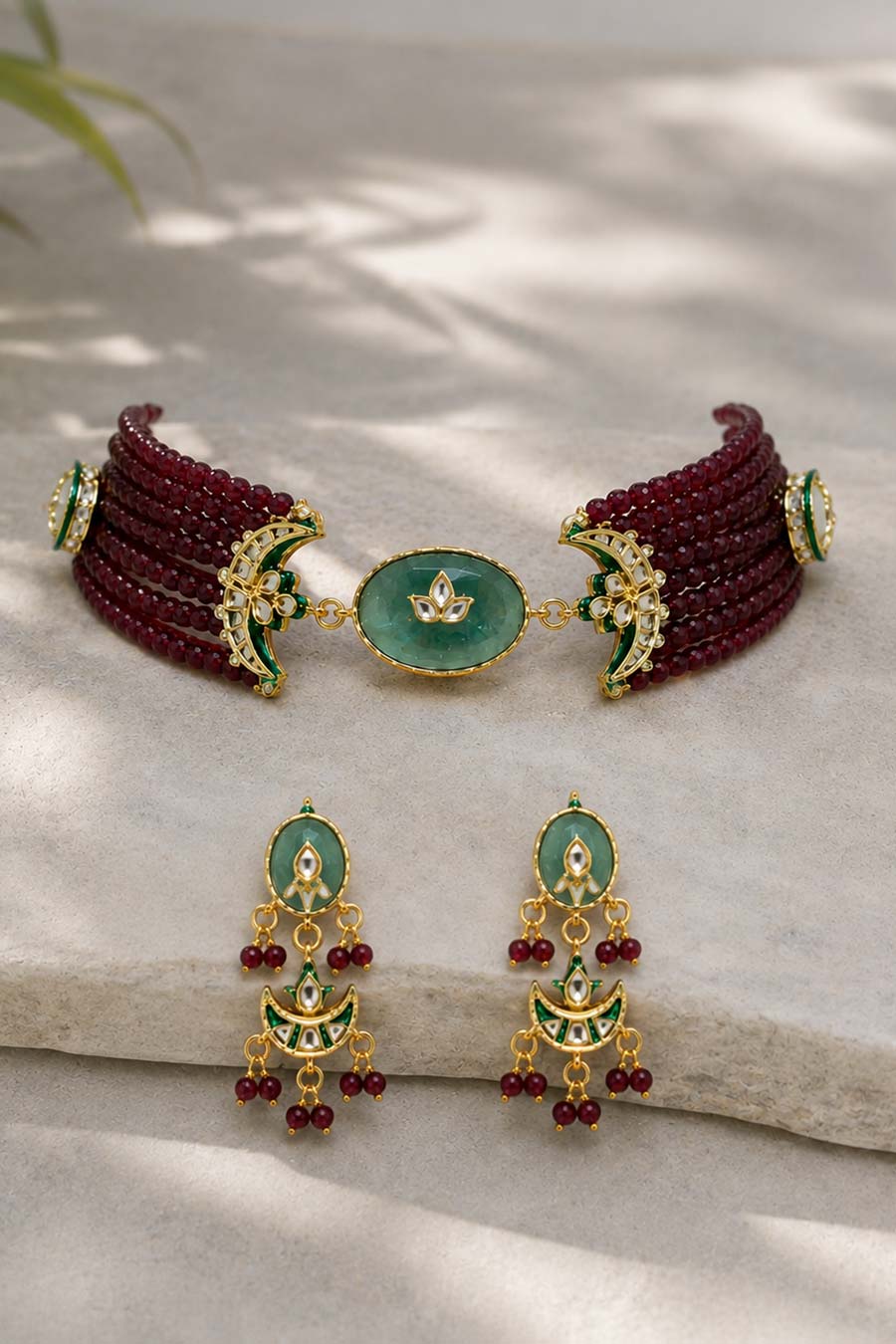 Emerald Beaded Choker Necklace & Earrings Set