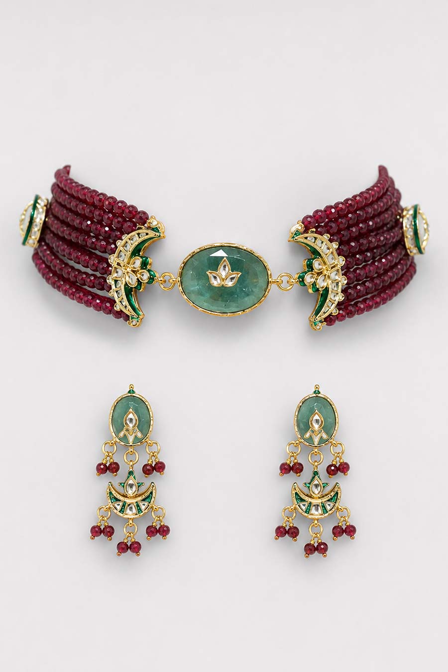 Emerald Beaded Choker Necklace & Earrings Set