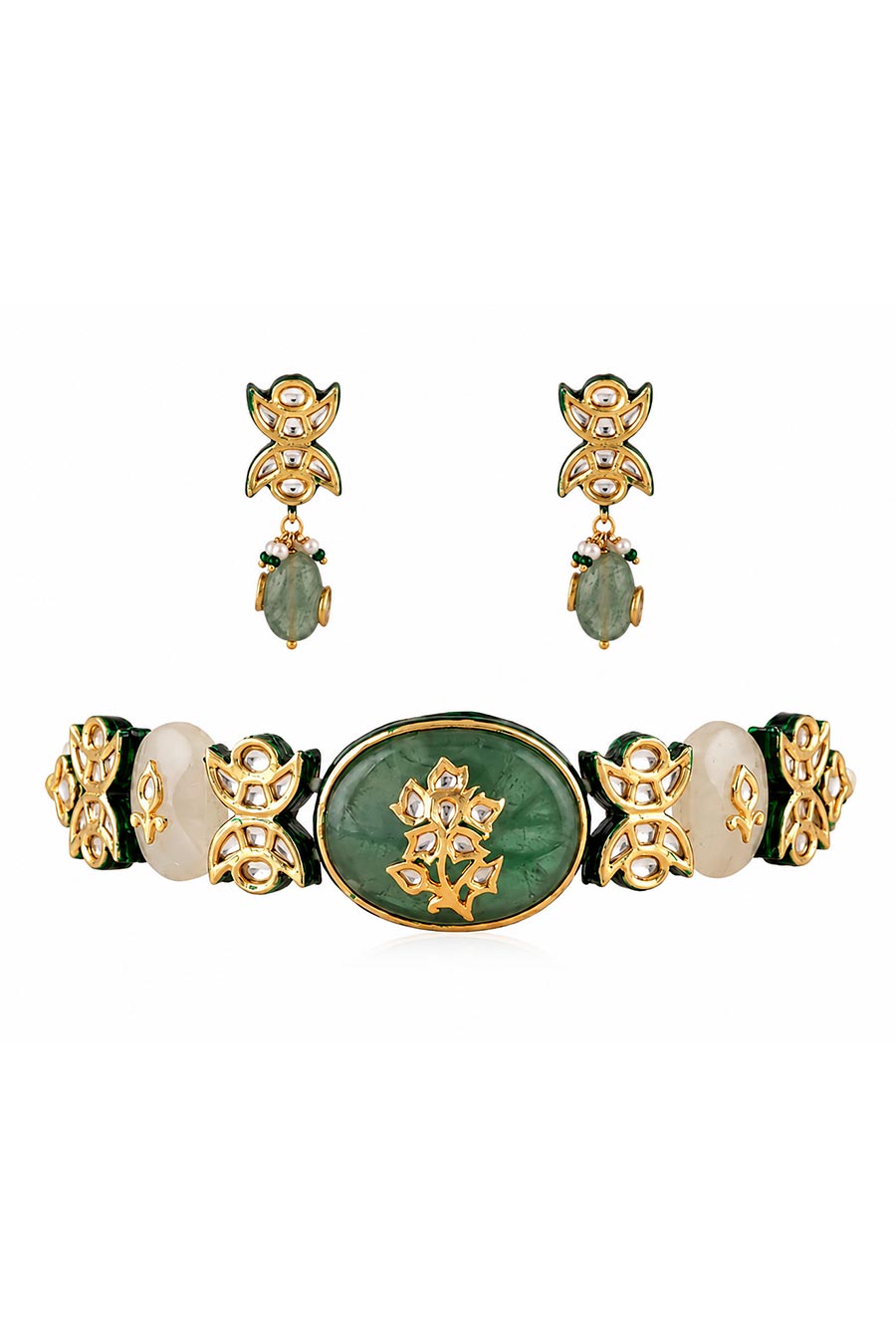 Emerald Floral Gemstone Choker Necklace & Earrings Set