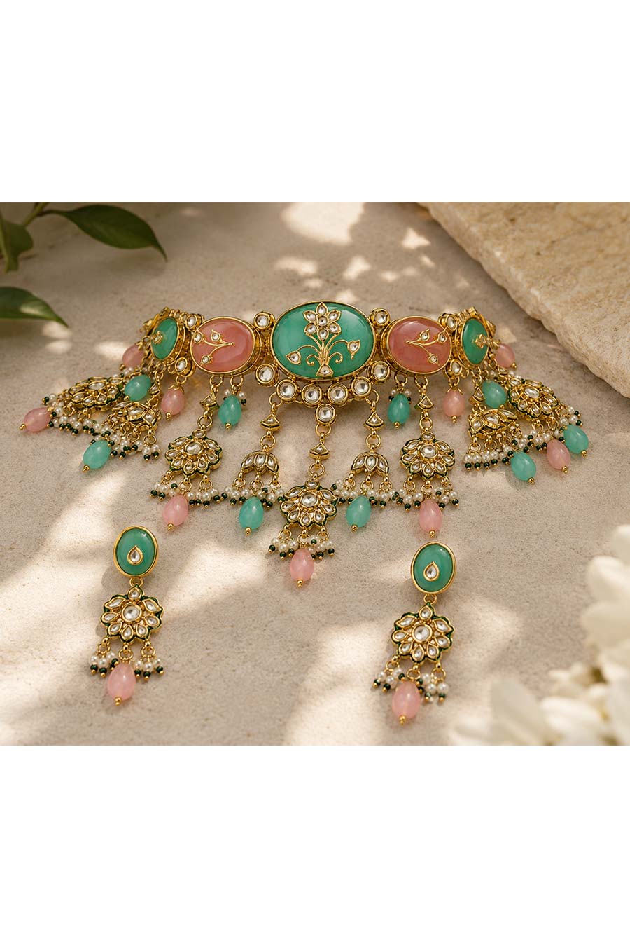 Pastel Kundan Floral Choker Necklace & Earrings Set