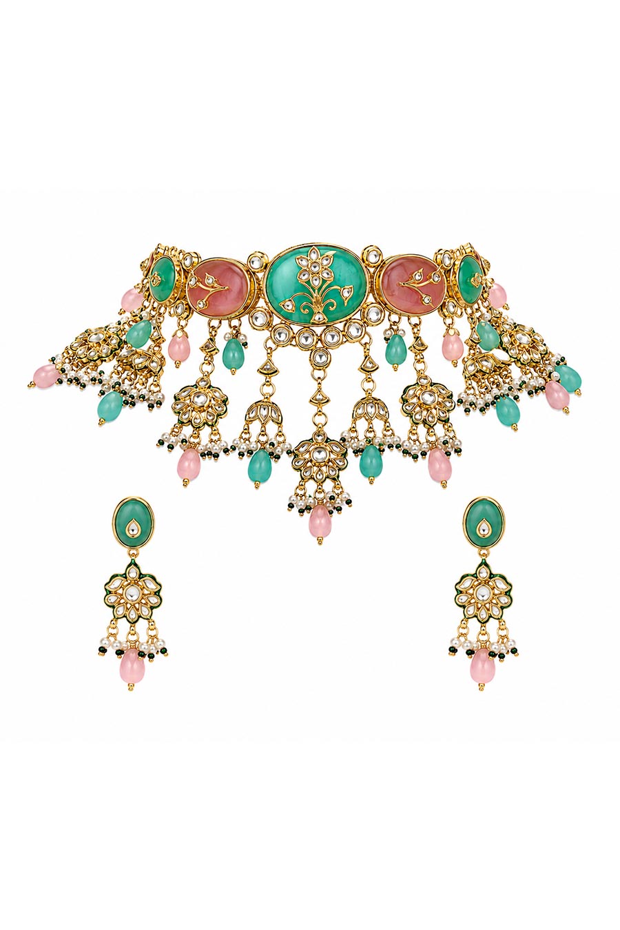 Pastel Kundan Floral Choker Necklace & Earrings Set
