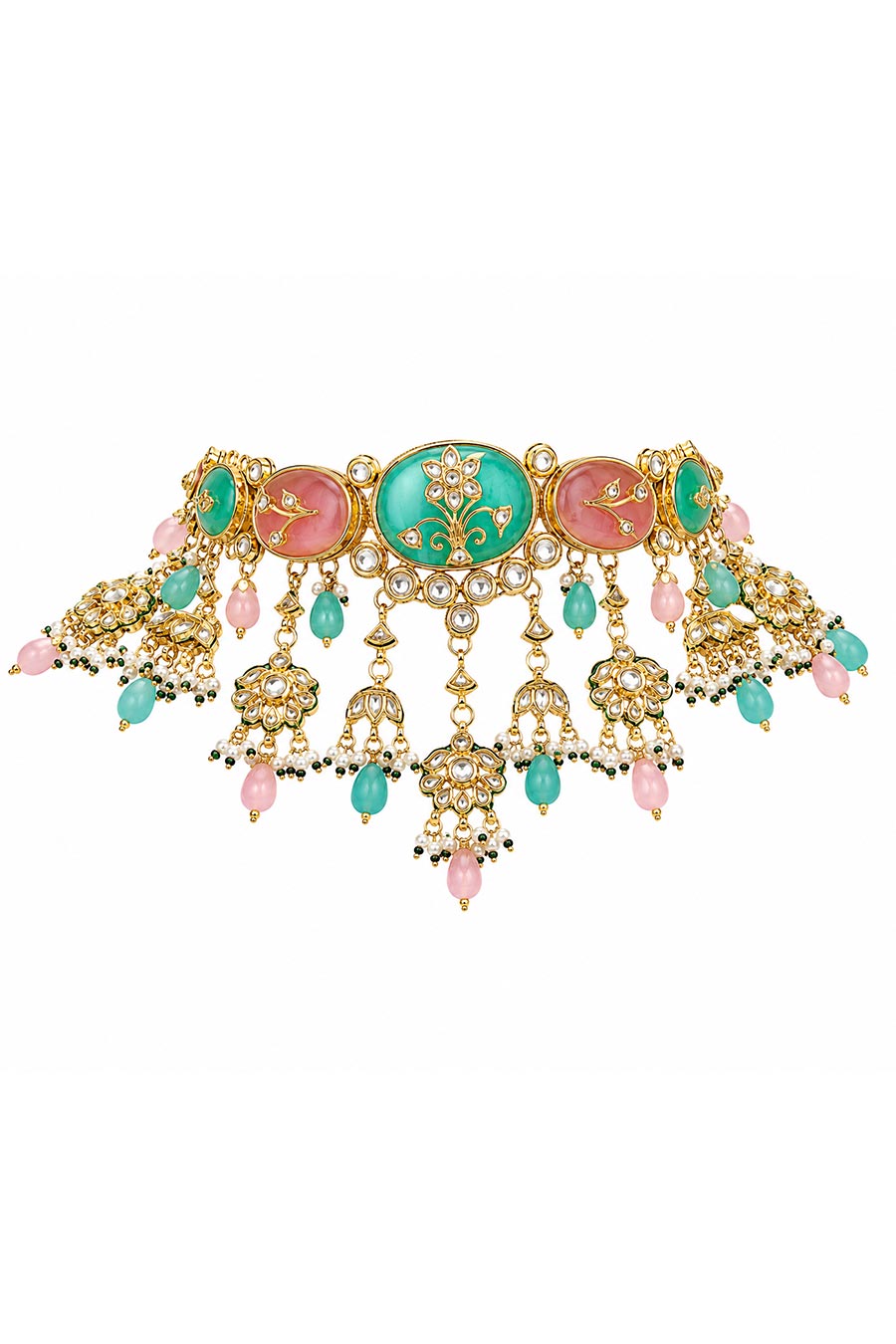 Pastel Kundan Floral Choker Necklace & Earrings Set