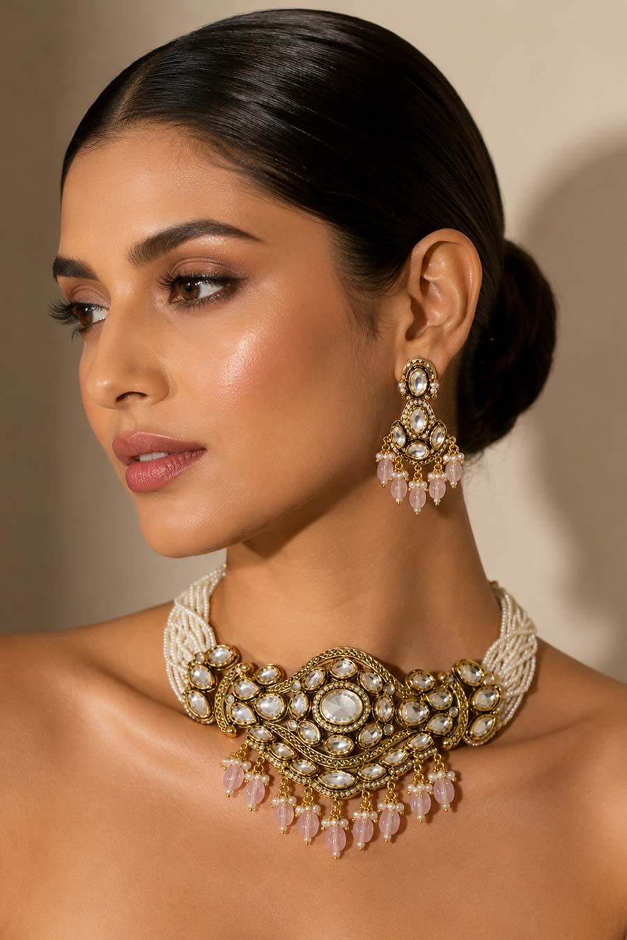 Kundan Pastel Pink Beaded Choker Necklace & Earrings Set