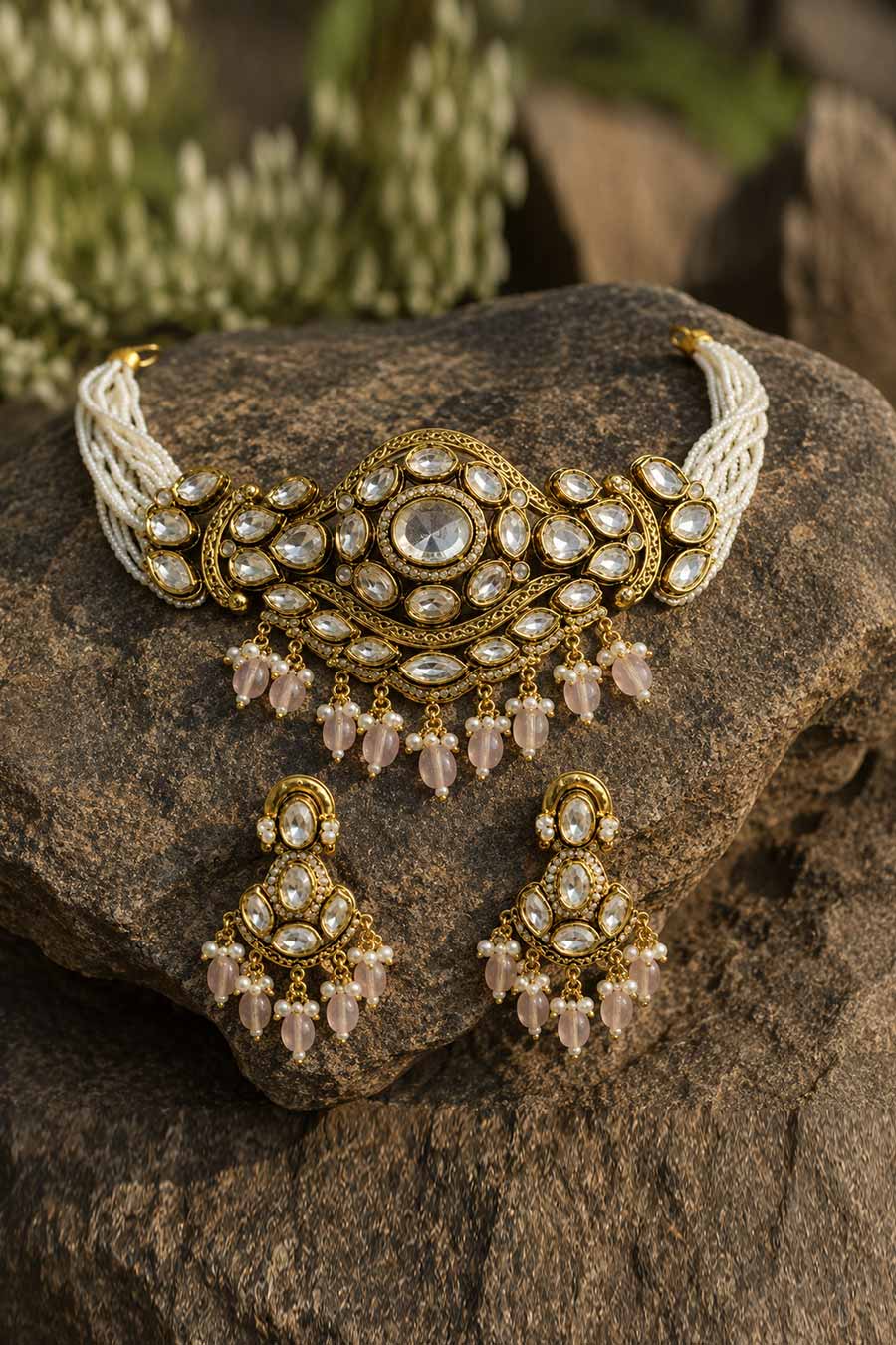 Kundan Pastel Pink Beaded Choker Necklace & Earrings Set