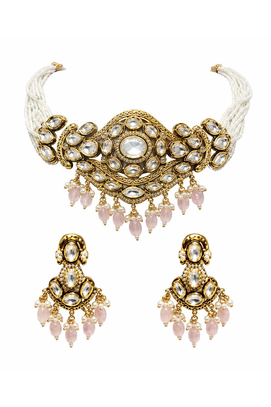 Kundan Pastel Pink Beaded Choker Necklace & Earrings Set