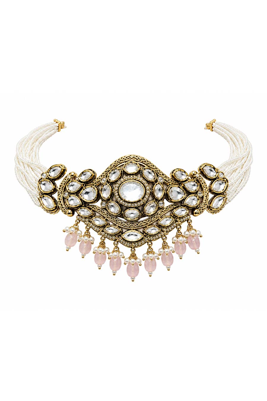 Kundan Pastel Pink Beaded Choker Necklace & Earrings Set