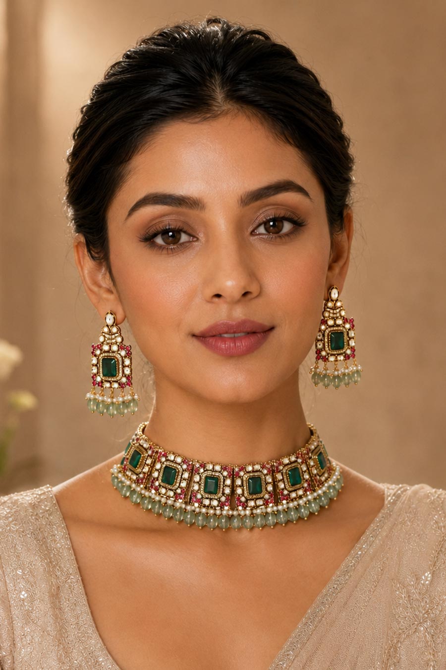 Emerald Kundan Choker Necklace & Earrings Set