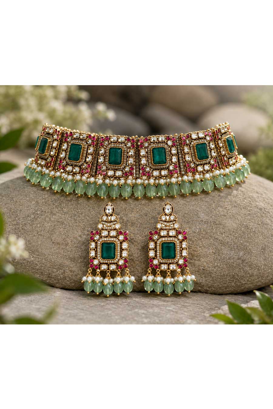 Emerald Kundan Choker Necklace & Earrings Set