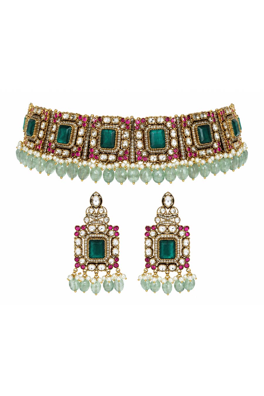 Emerald Kundan Choker Necklace & Earrings Set
