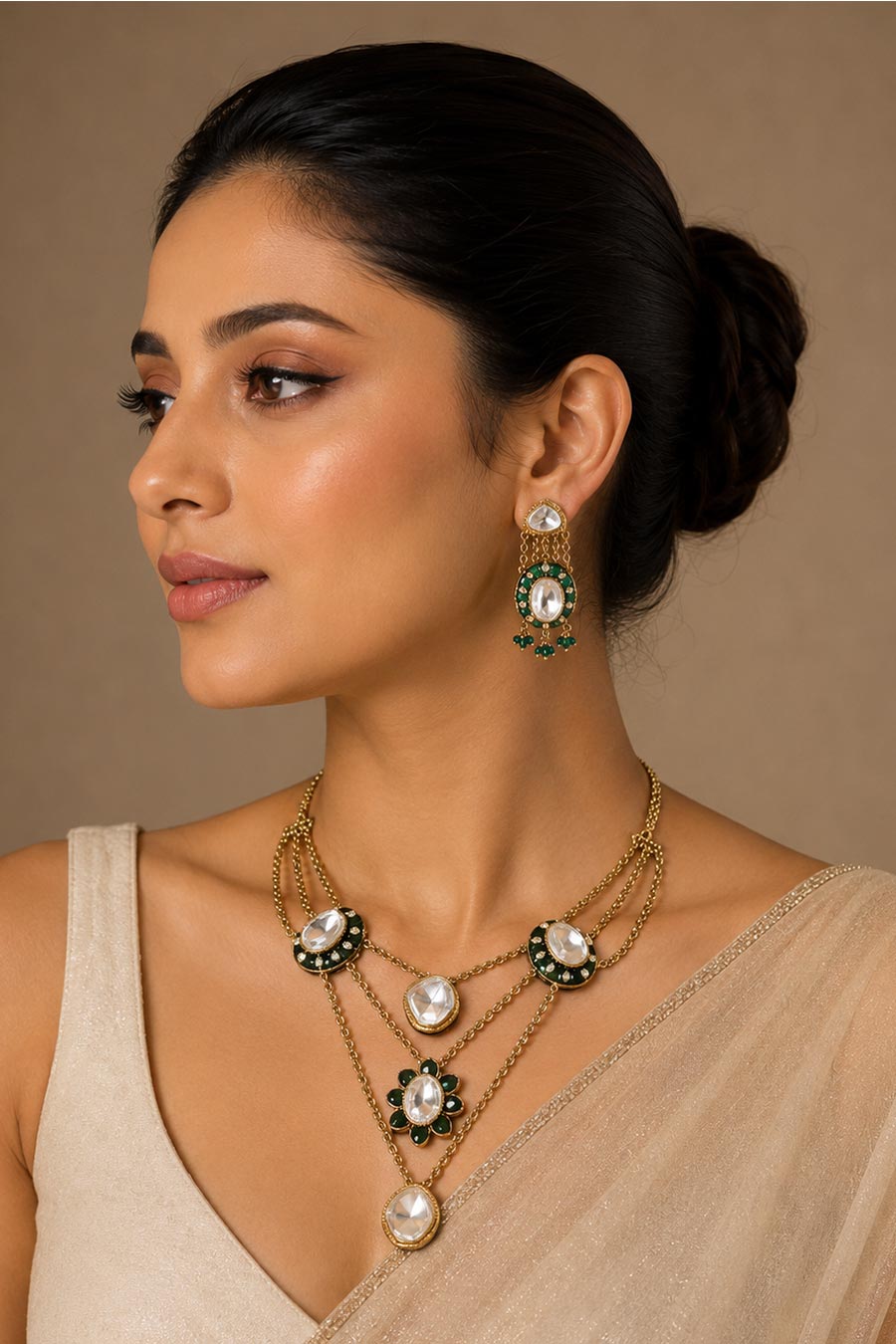 Emerald Kundan Layered Necklace & Earrings Set