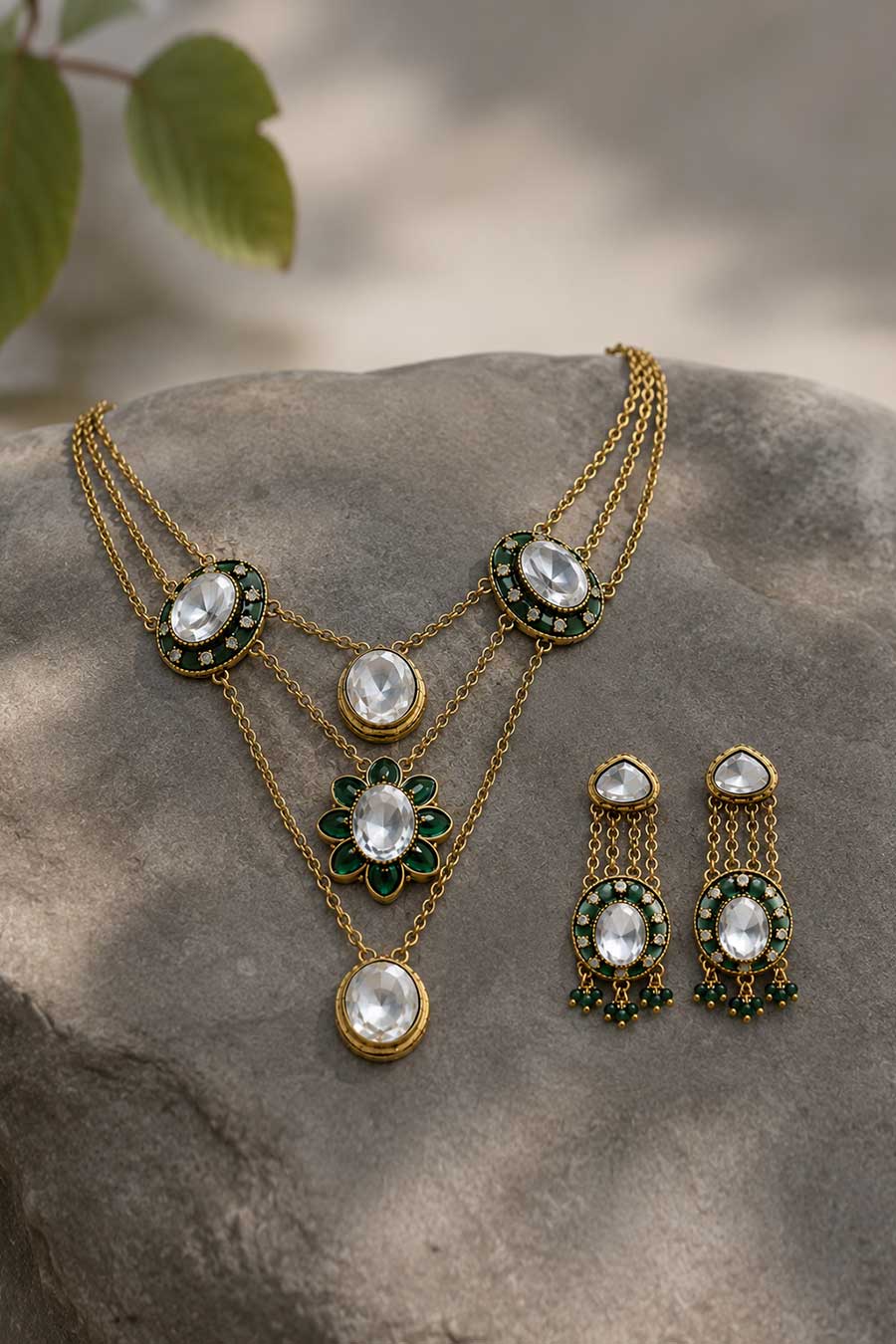 Emerald Kundan Layered Necklace & Earrings Set