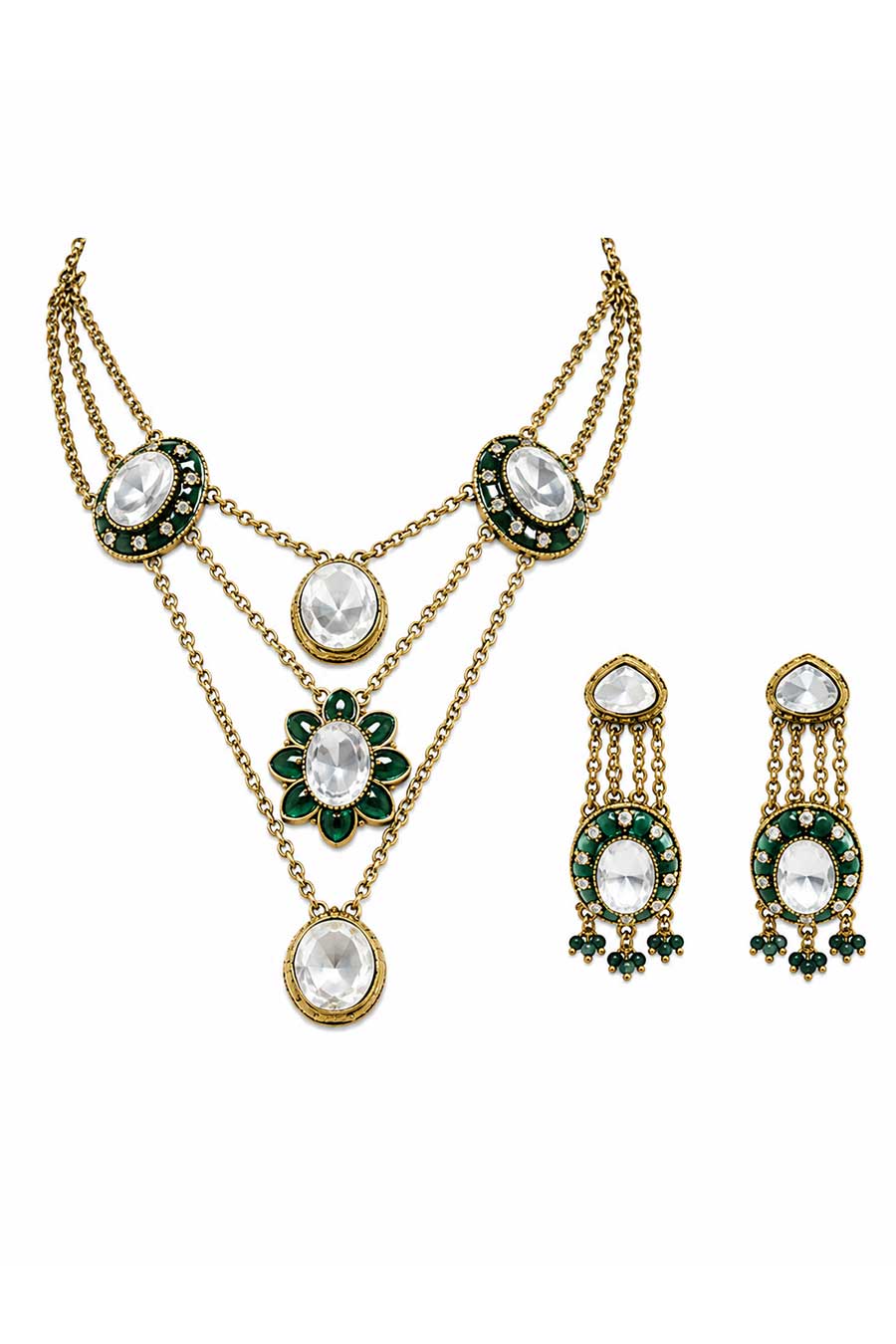 Emerald Kundan Layered Necklace & Earrings Set