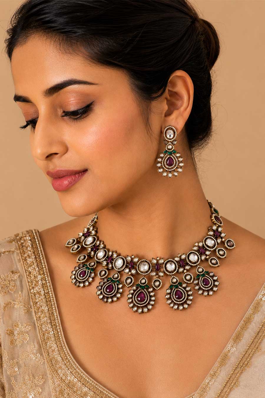Ruby Kundan Statement Necklace & Earrings Set