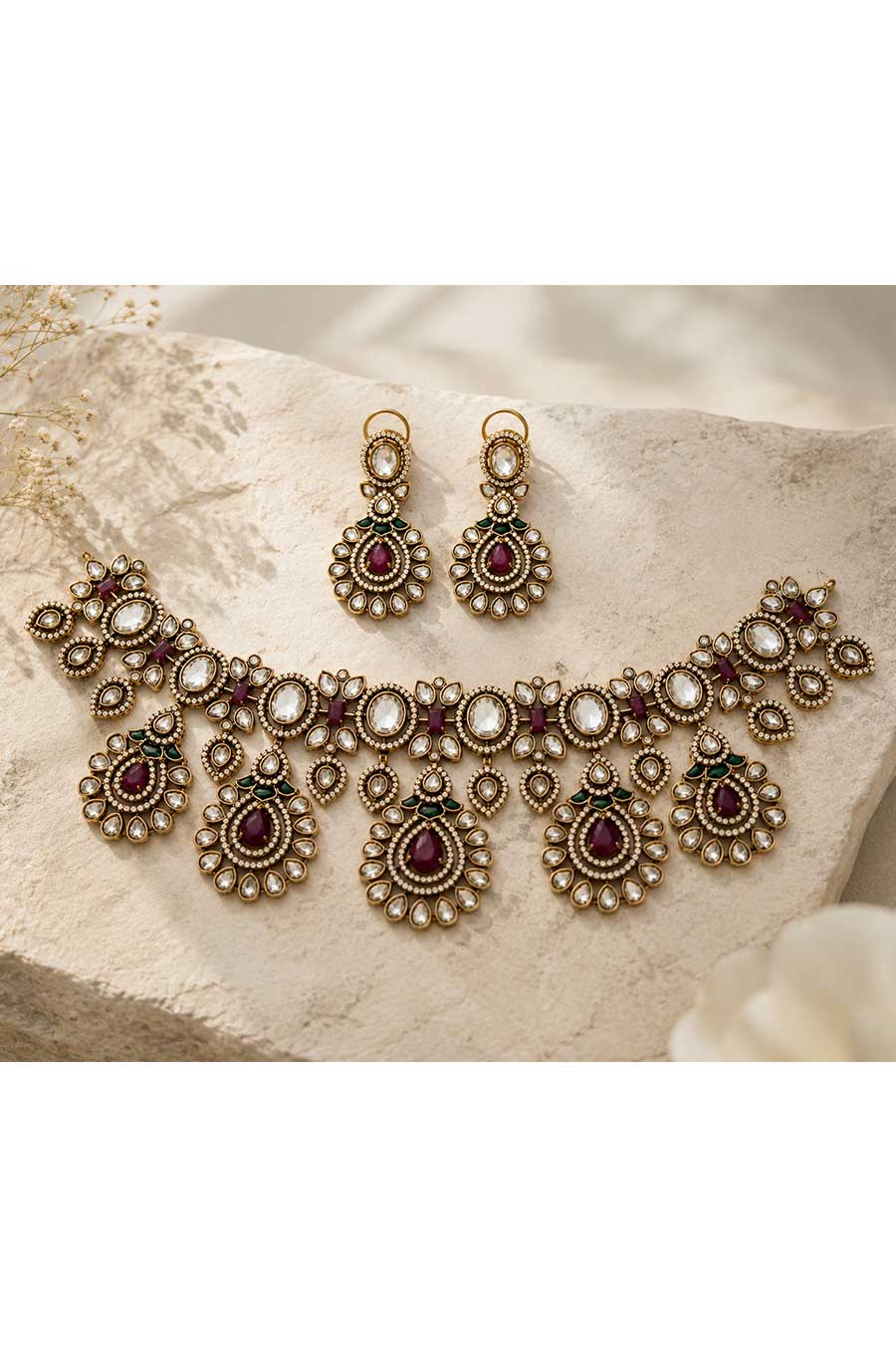 Ruby Kundan Statement Necklace & Earrings Set