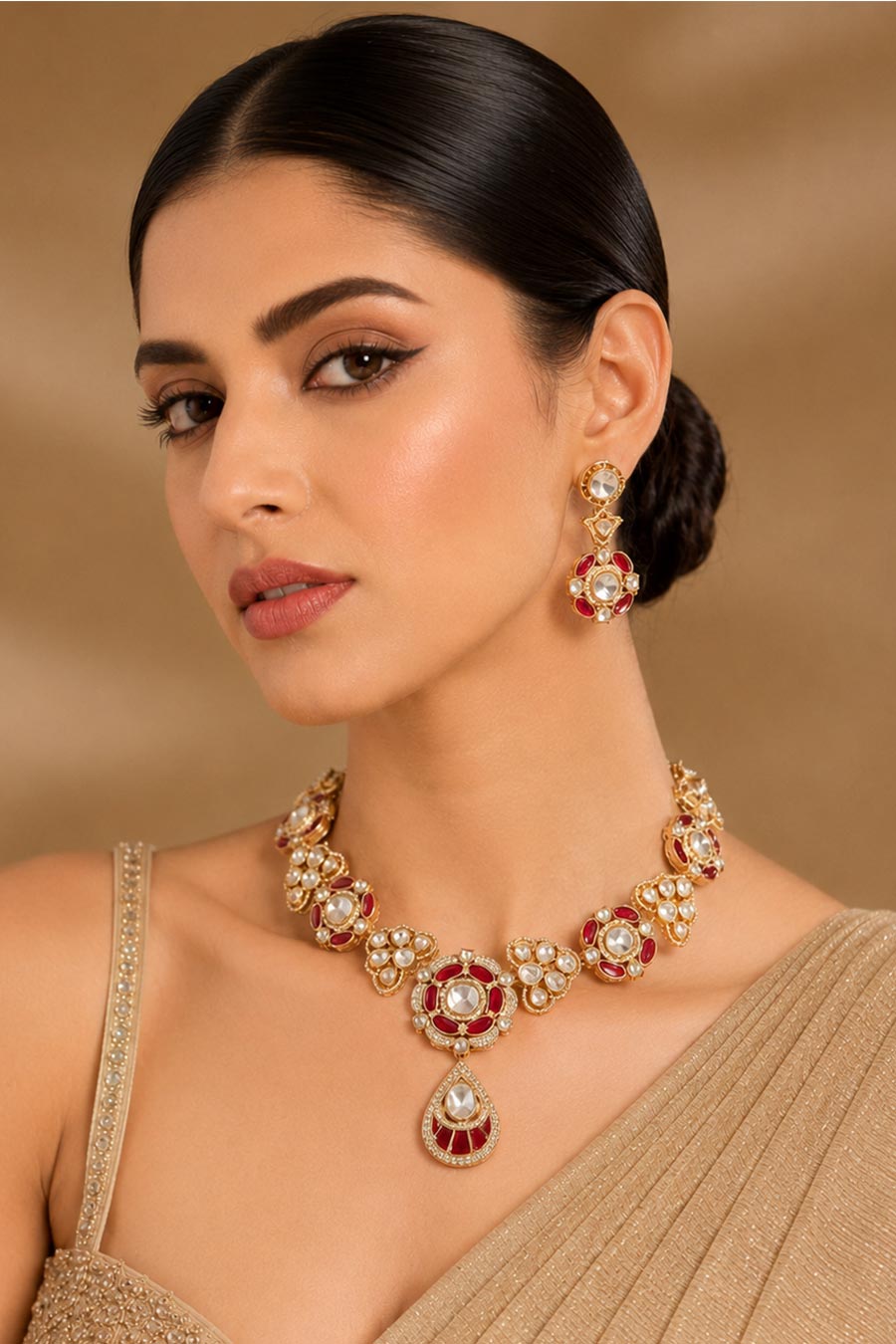Ruby Kundan Choker Necklace & Drop Earrings Set