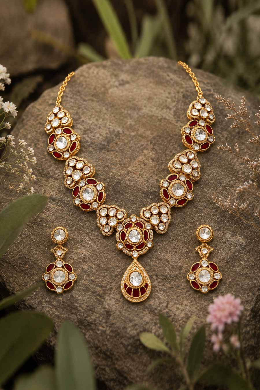 Ruby Kundan Choker Necklace & Drop Earrings Set
