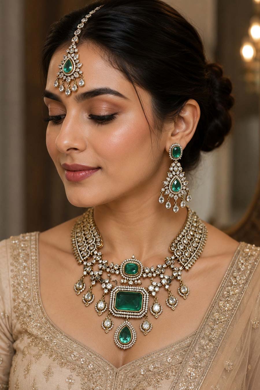 Emerald Green Polki Necklace, Earrings & Maang Tikka Set
