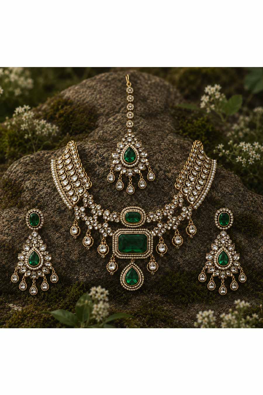 Emerald Green Polki Necklace, Earrings & Maang Tikka Set