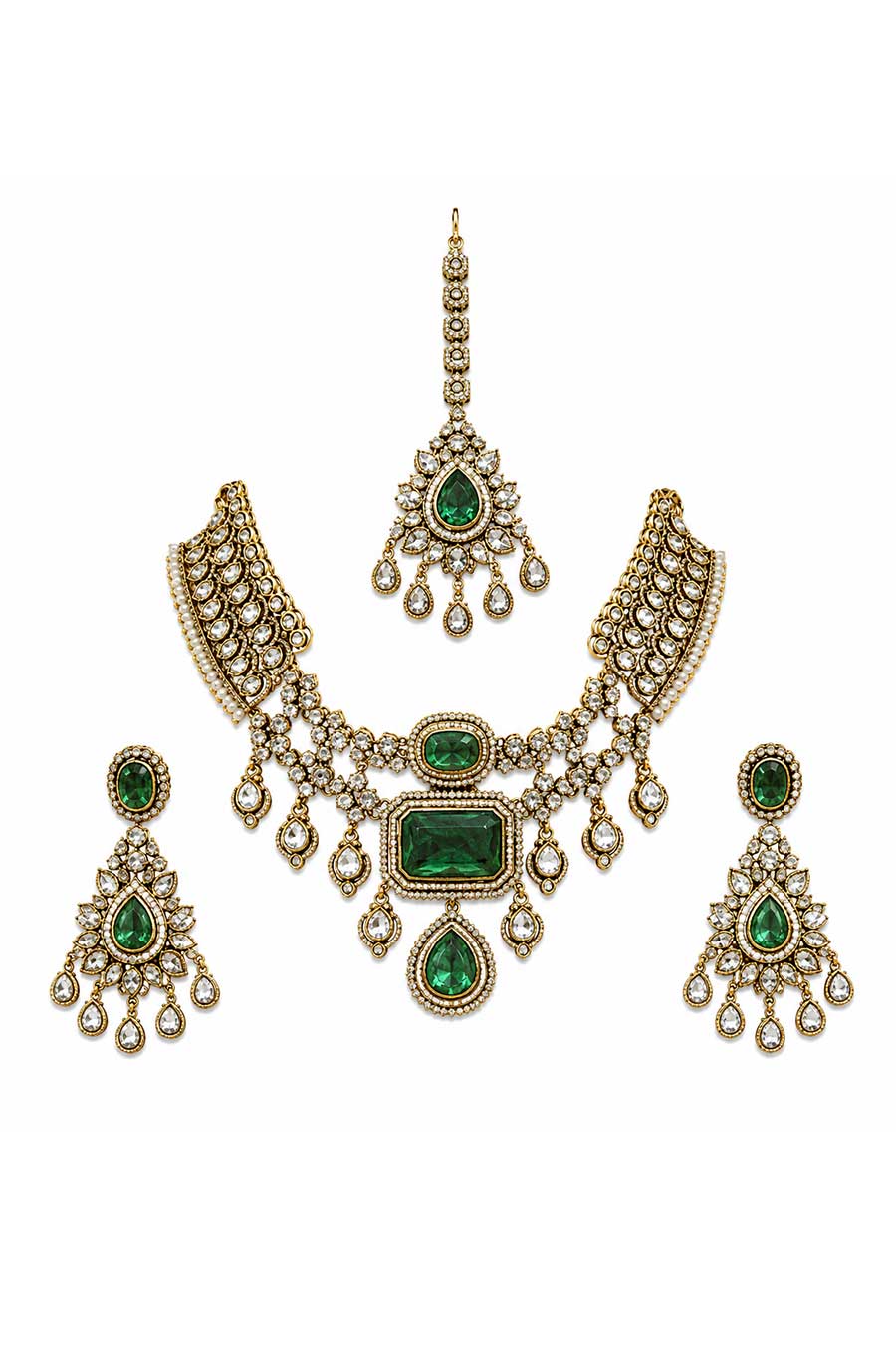 Emerald Green Polki Necklace, Earrings & Maang Tikka Set
