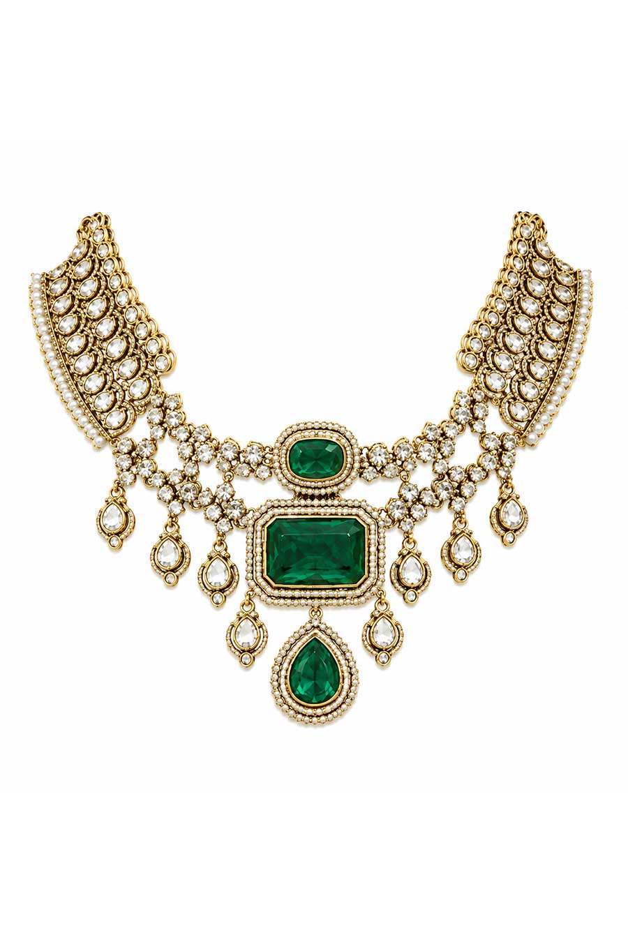 Emerald Green Polki Necklace, Earrings & Maang Tikka Set