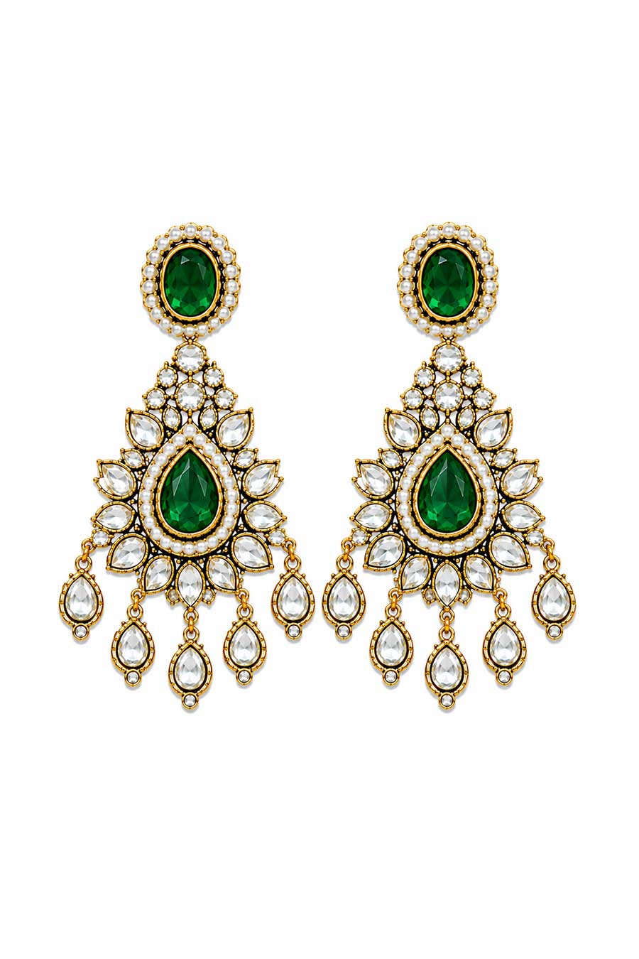 Emerald Green Polki Necklace, Earrings & Maang Tikka Set