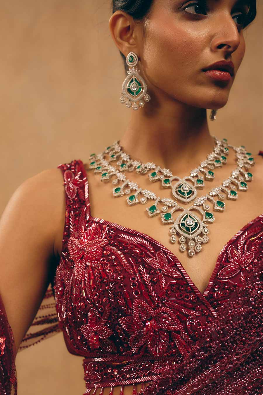 Emerald Layered Statement Necklace & Earrings Set