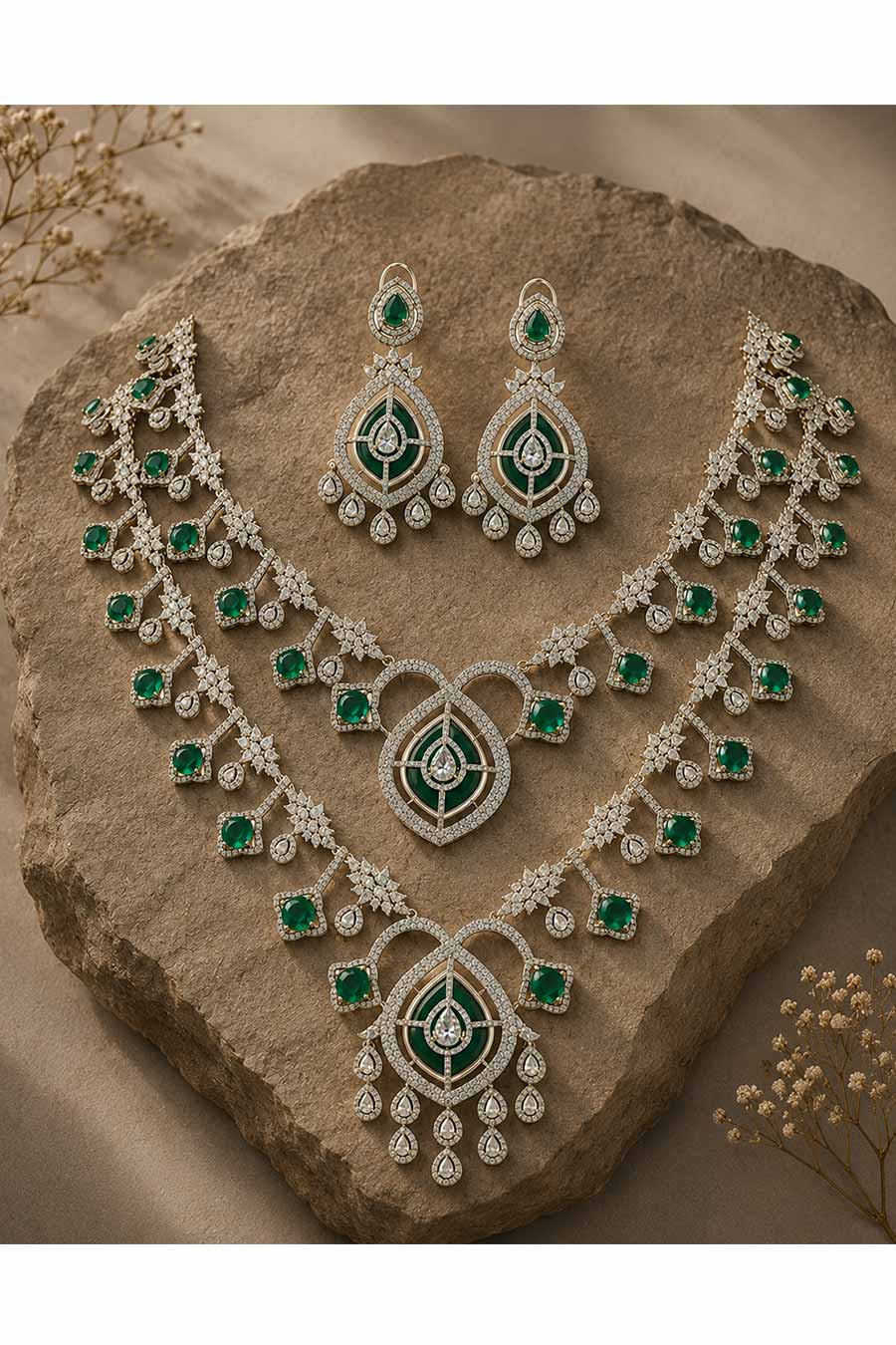 Emerald Layered Statement Necklace & Earrings Set