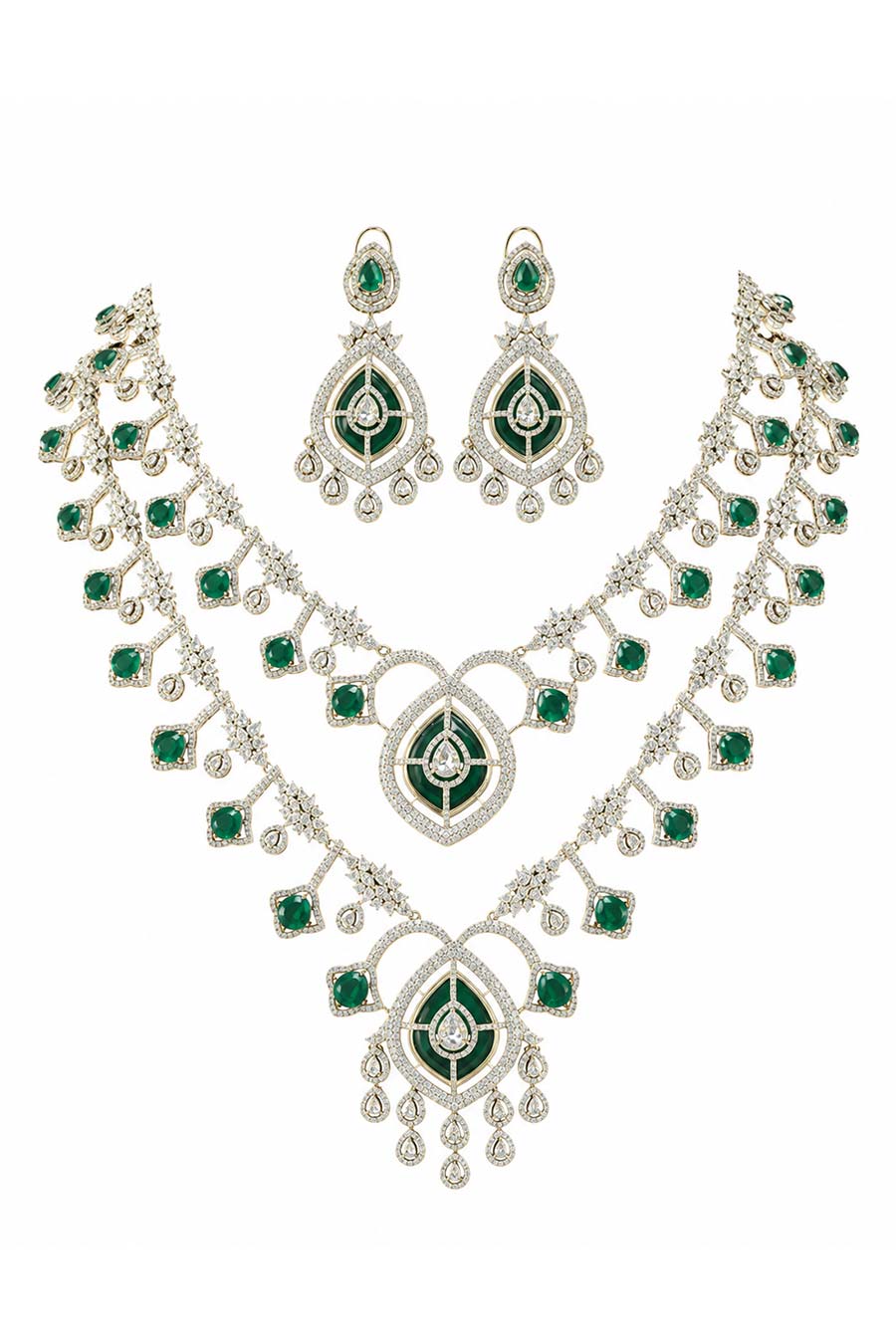 Emerald Layered Statement Necklace & Earrings Set