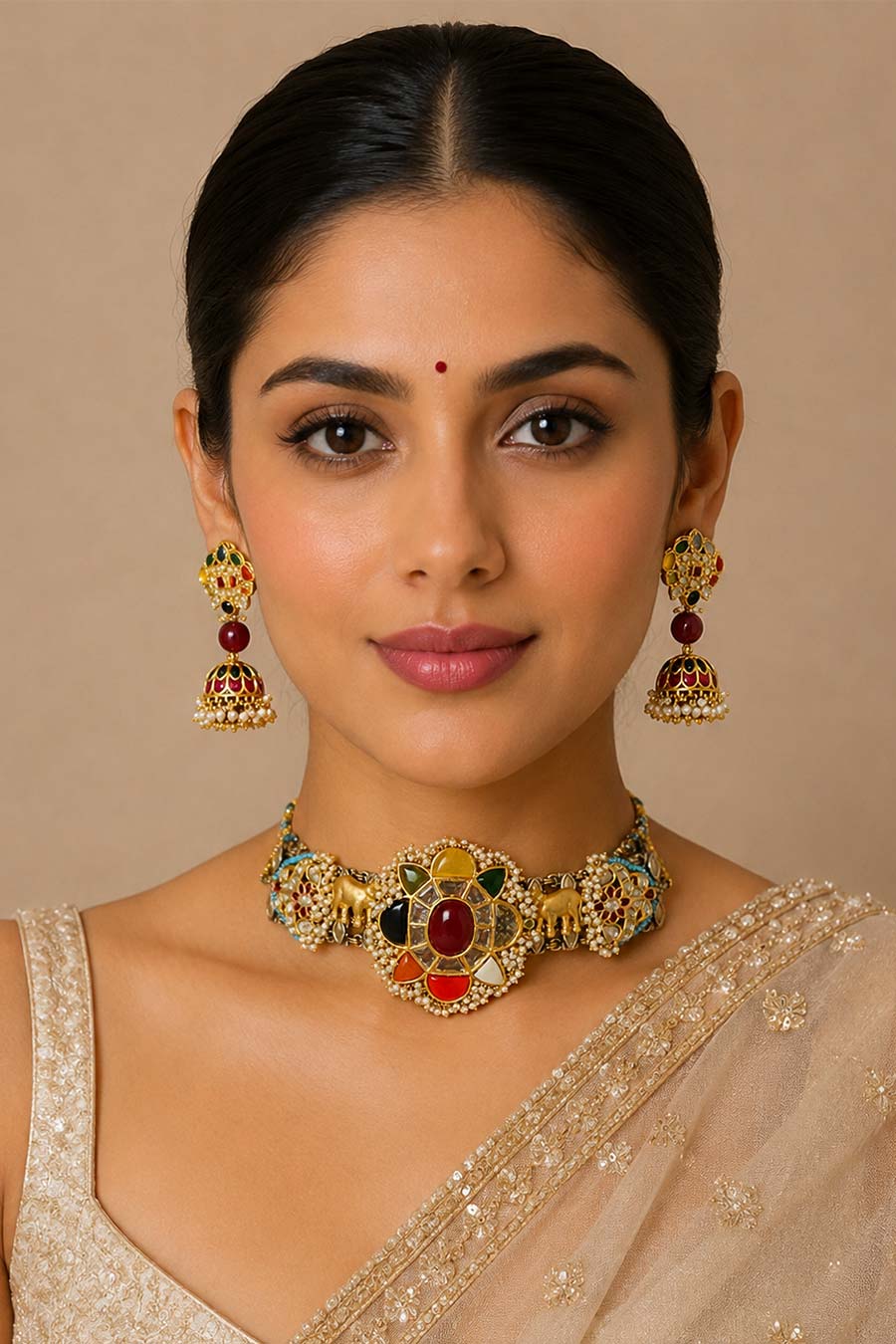 Navratna Floral Choker Necklace & Jumka Earrings Set