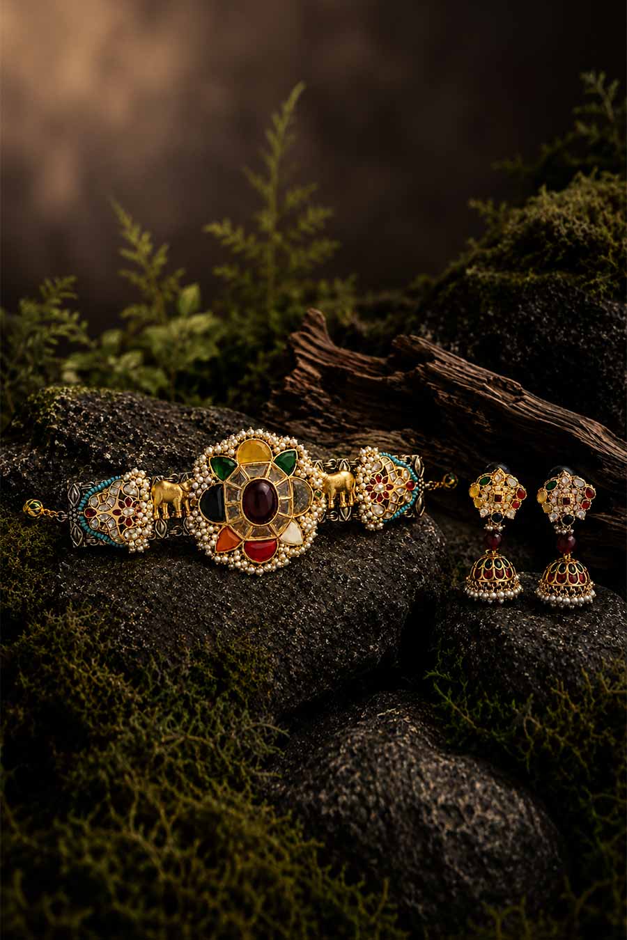 Navratna Floral Choker Necklace & Jumka Earrings Set