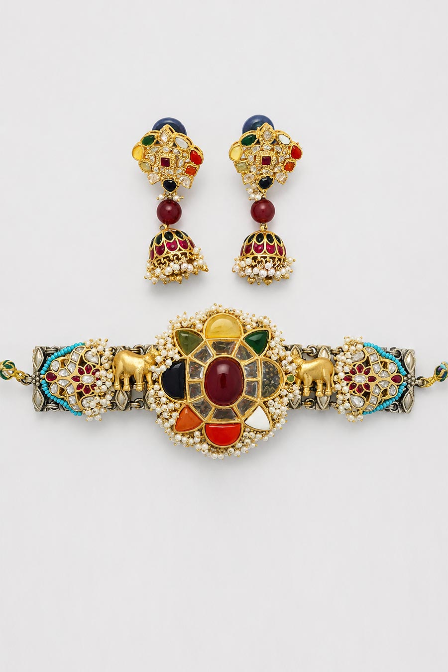 Navratna Floral Choker Necklace & Jumka Earrings Set