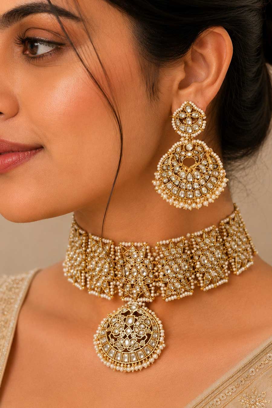 Kundan Pearl Bridal Choker Necklace & Earrings Set