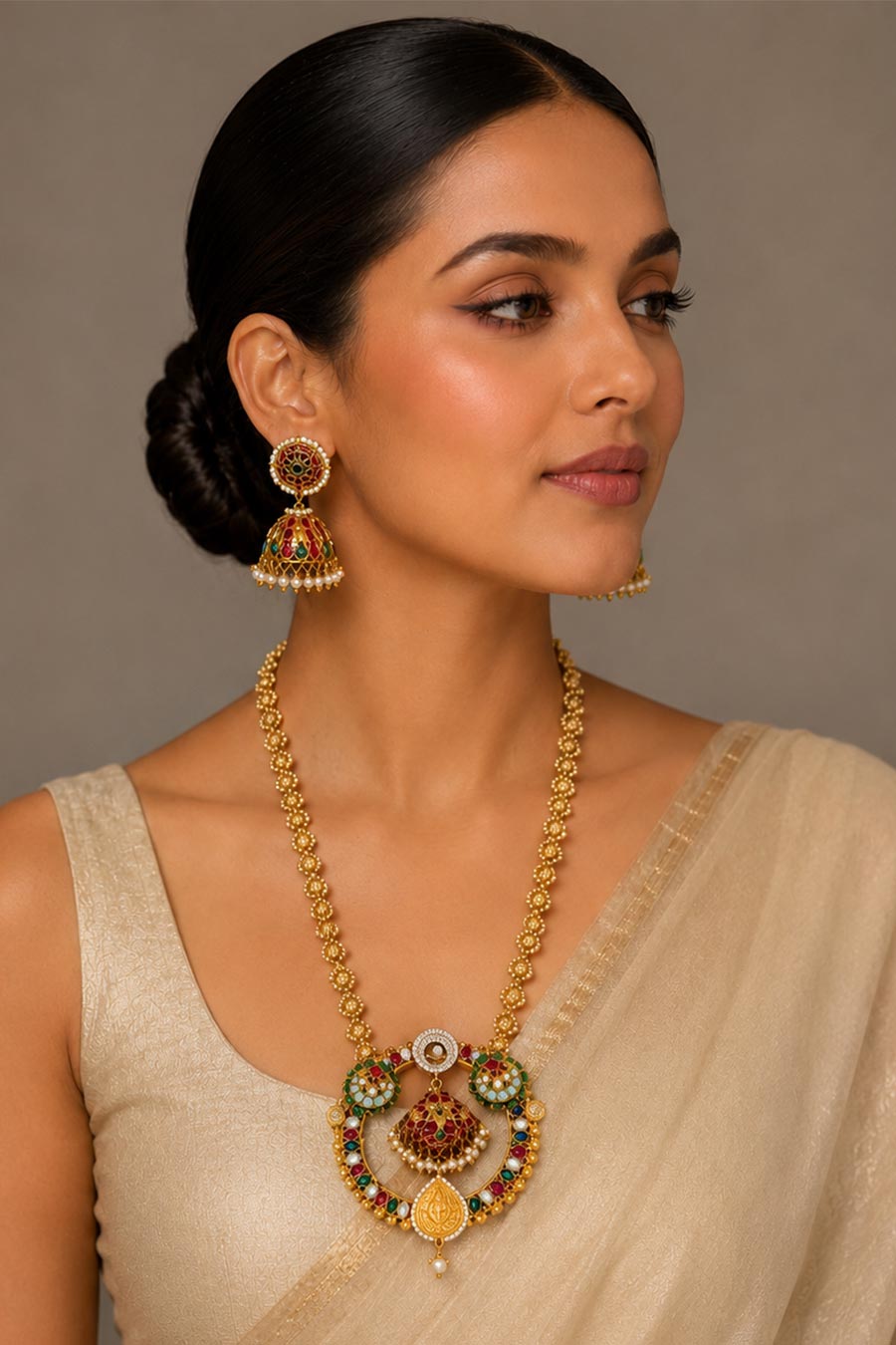 Heritage Polki Pendant Necklace & Jhumka Earrings Set