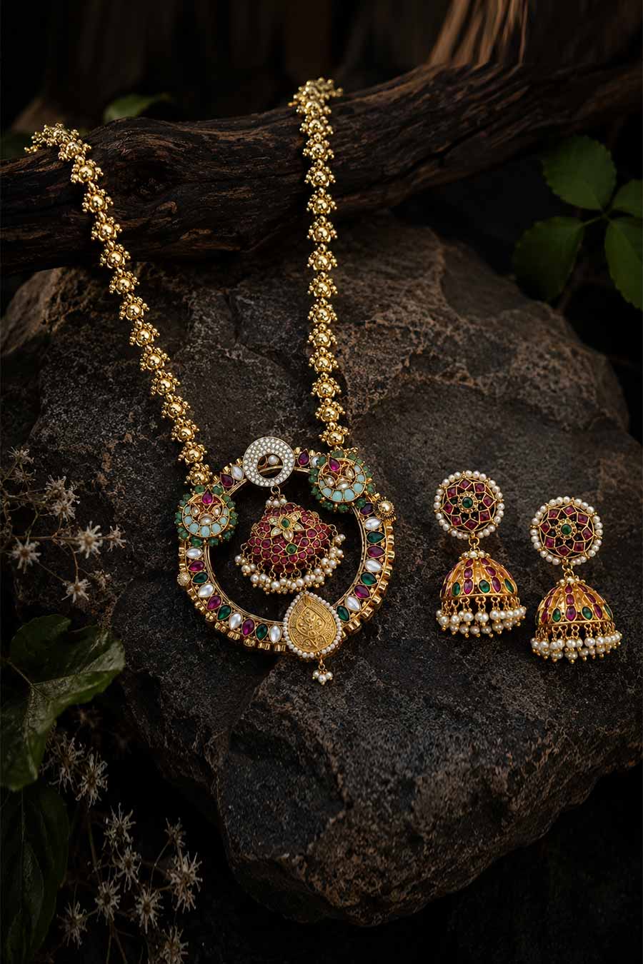 Heritage Polki Pendant Necklace & Jhumka Earrings Set