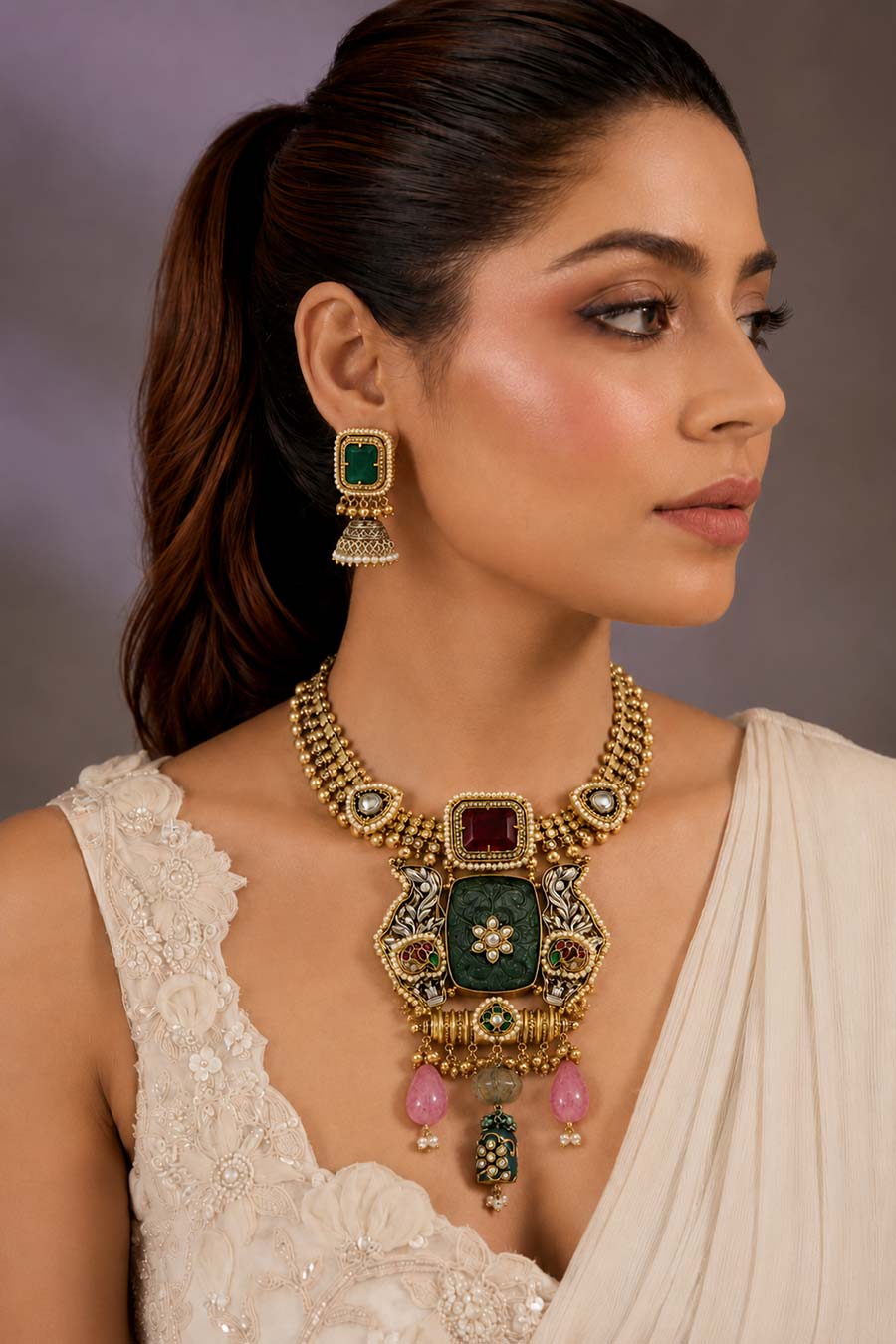Green Carved Necklace & Jhumka Earrings Set