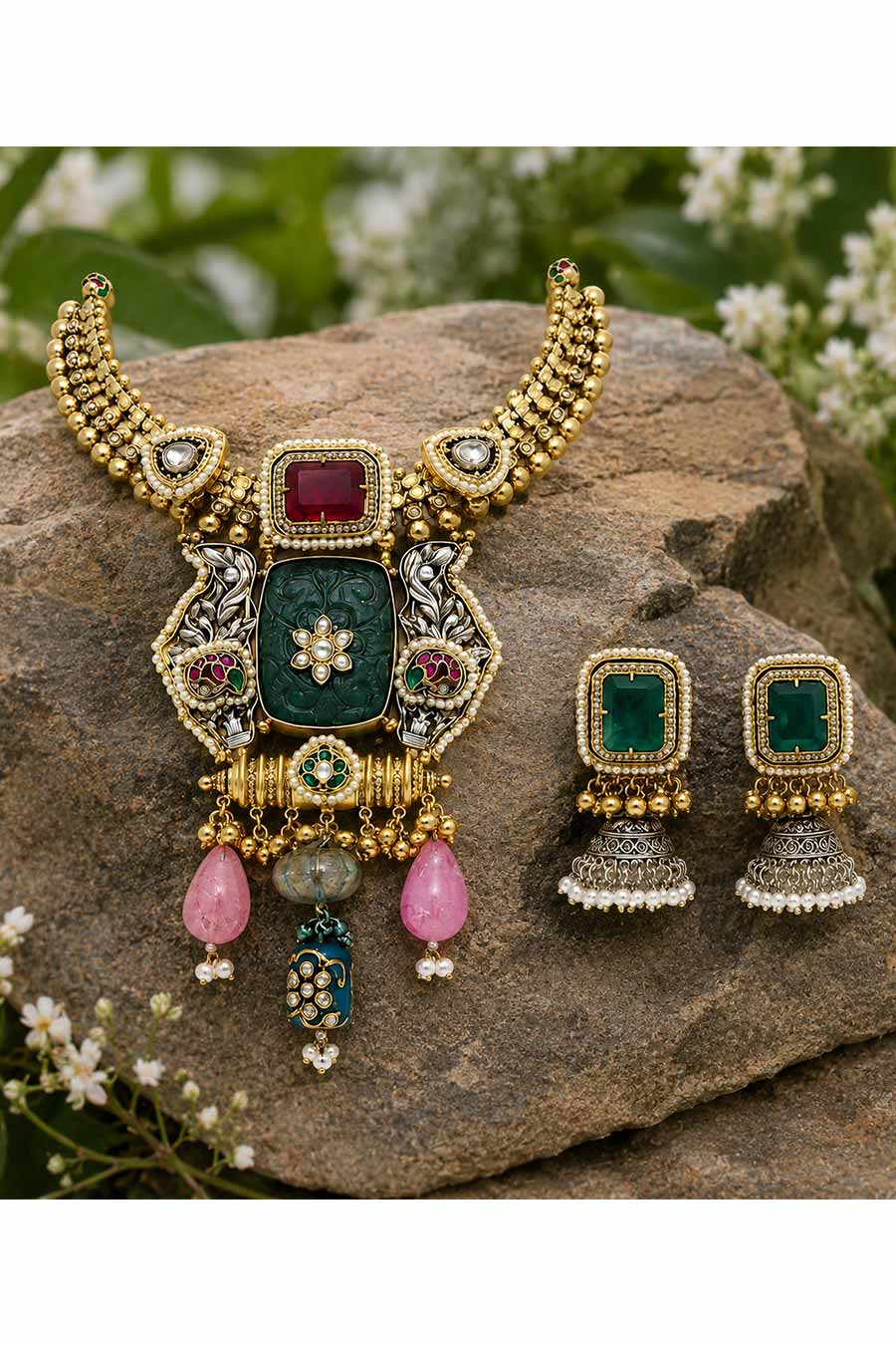 Green Carved Necklace & Jhumka Earrings Set