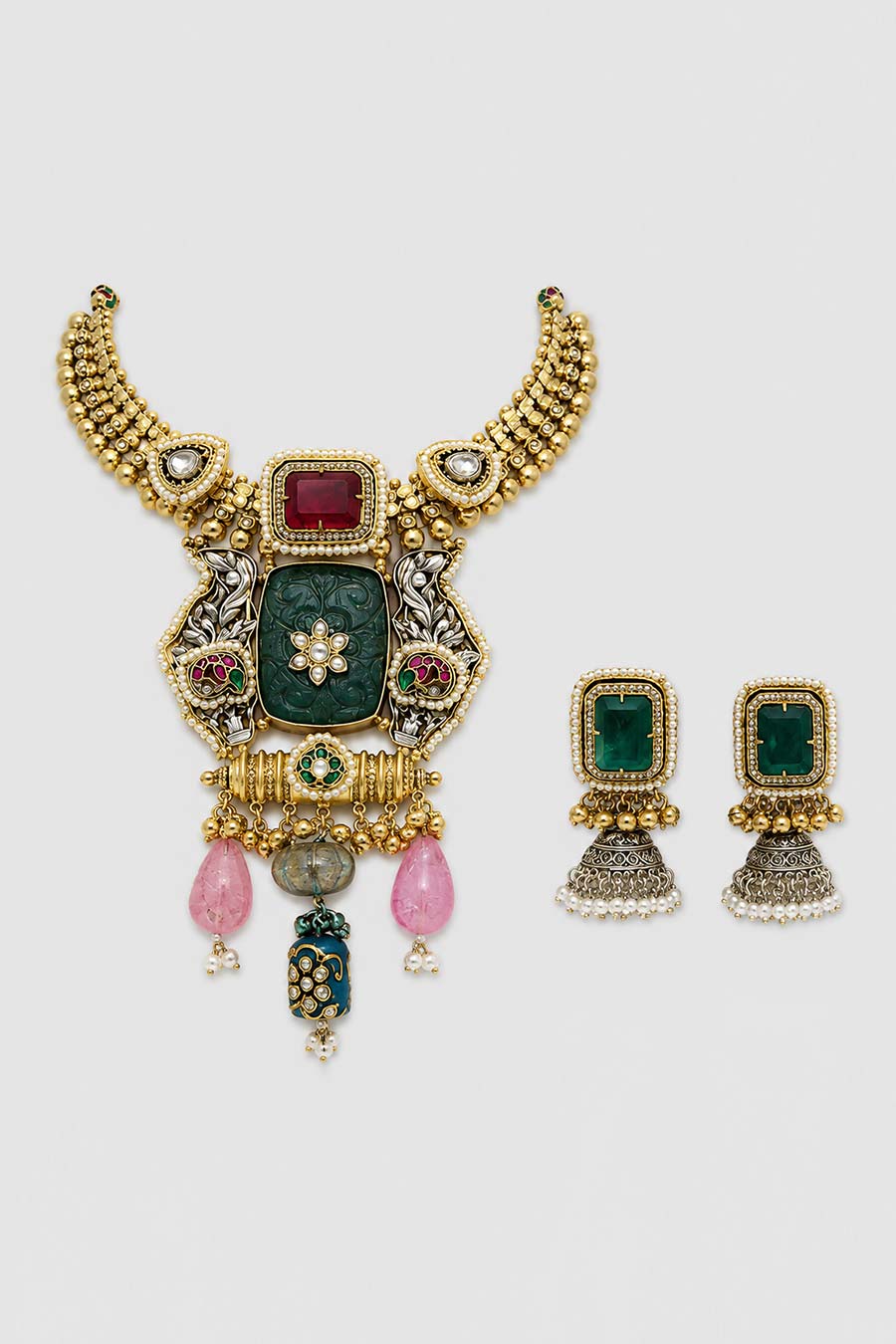 Green Carved Necklace & Jhumka Earrings Set