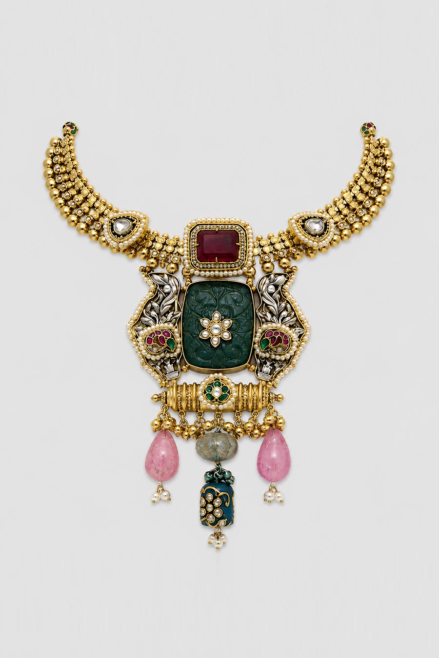 Green Carved Necklace & Jhumka Earrings Set