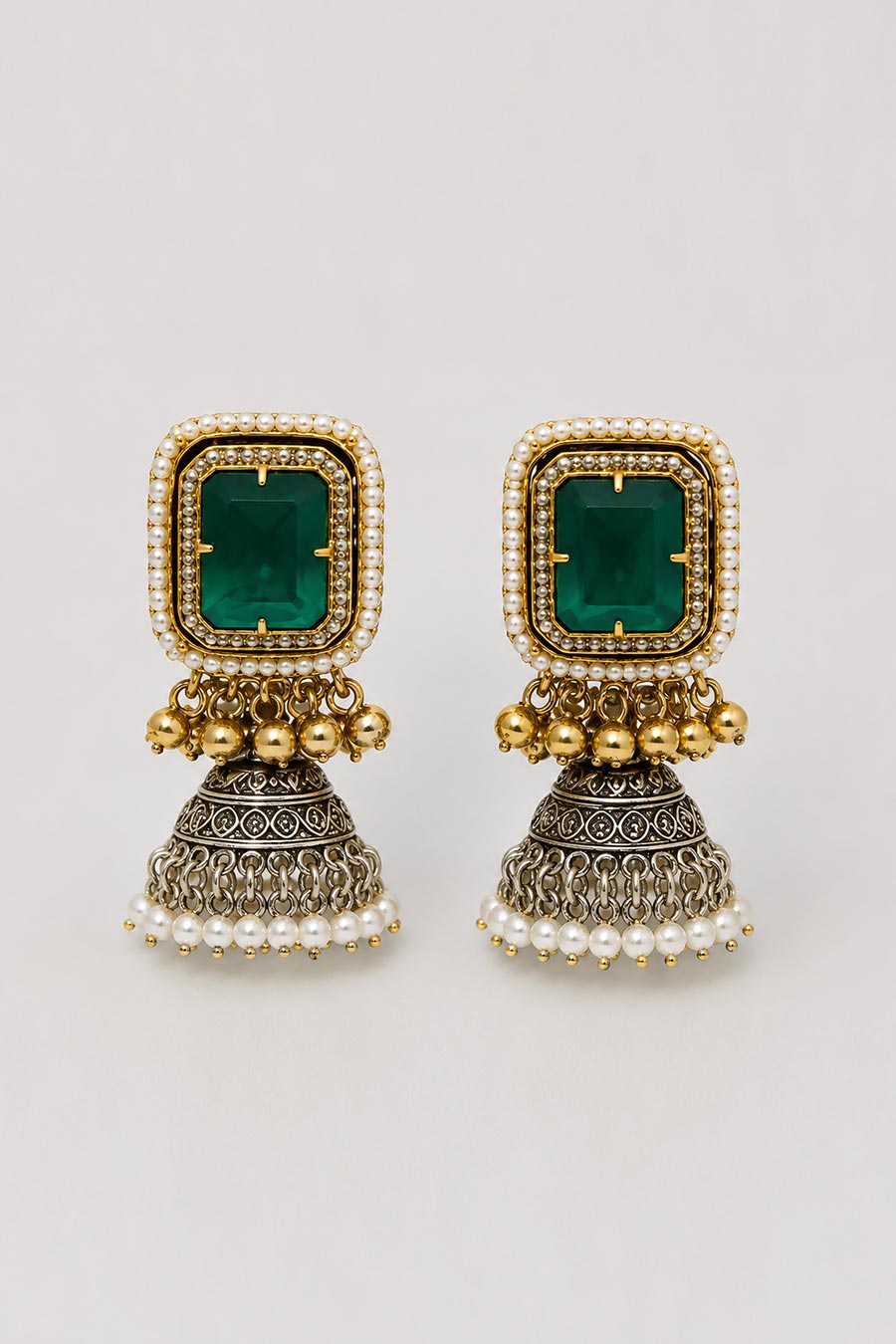 Green Carved Necklace & Jhumka Earrings Set