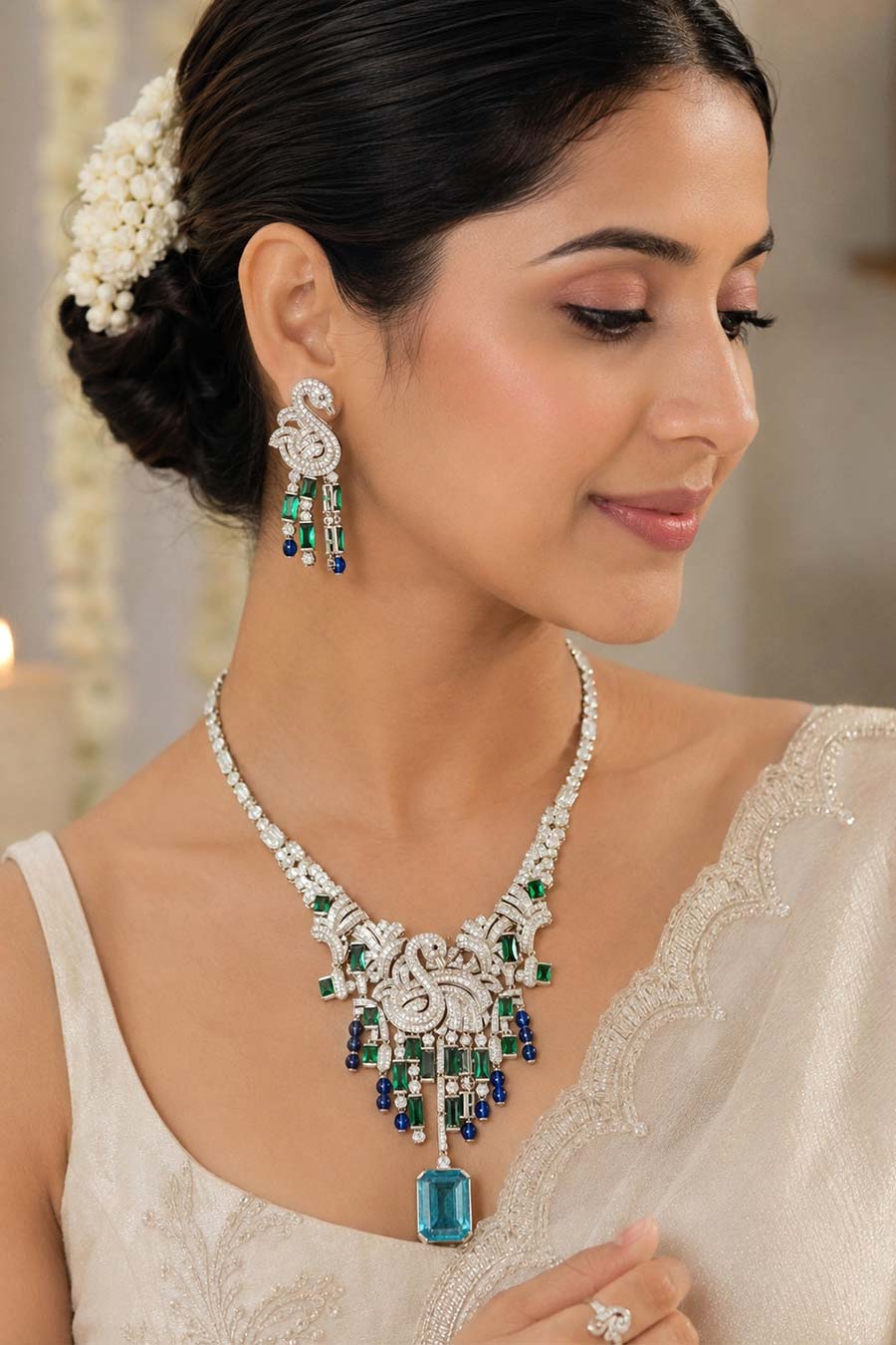 Emerald Sapphire Swan Statement Necklace & Earrings Set
