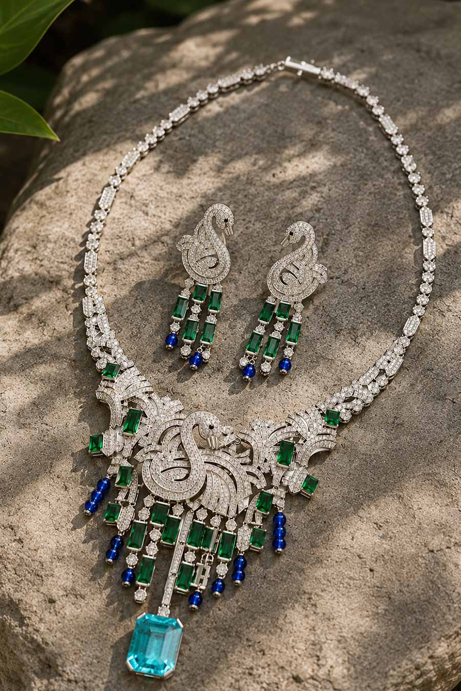 Emerald Sapphire Swan Statement Necklace & Earrings Set