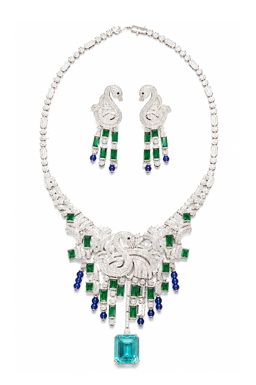 Emerald Sapphire Swan Statement Necklace & Earrings Set