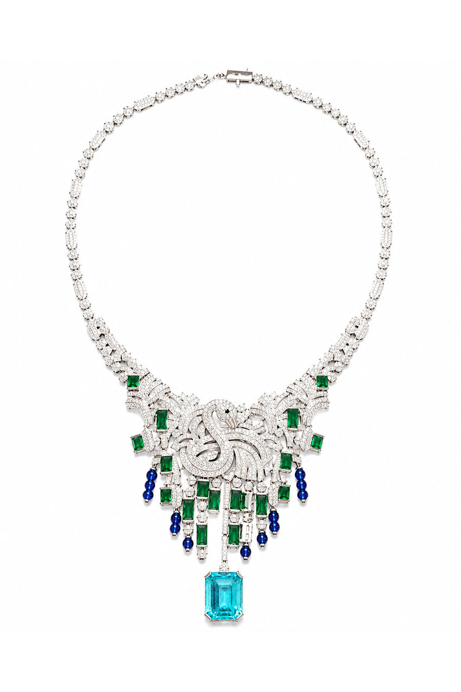 Emerald Sapphire Swan Statement Necklace & Earrings Set