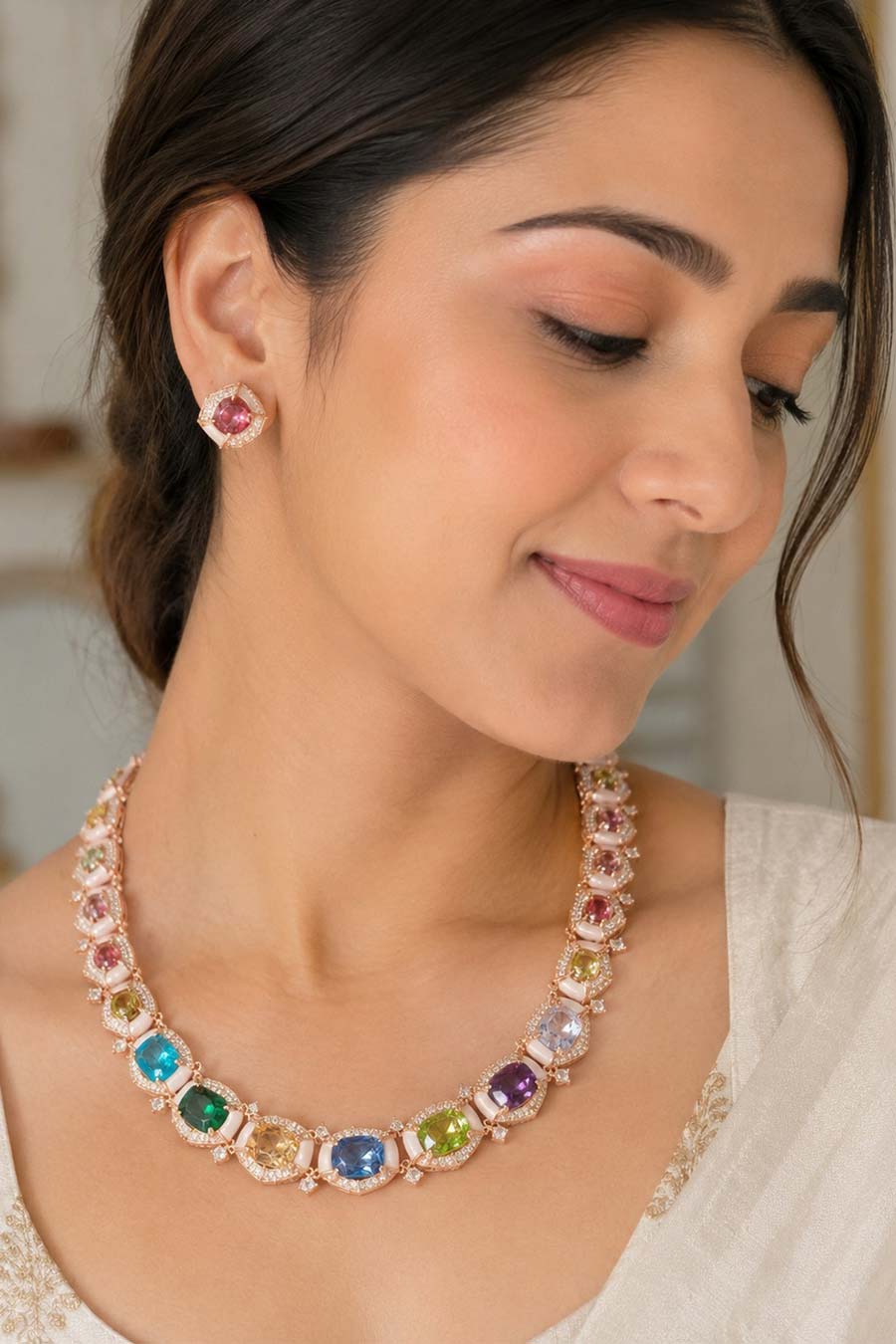 Multi-Gemstone Tennis Necklace & Stud Earrings Set
