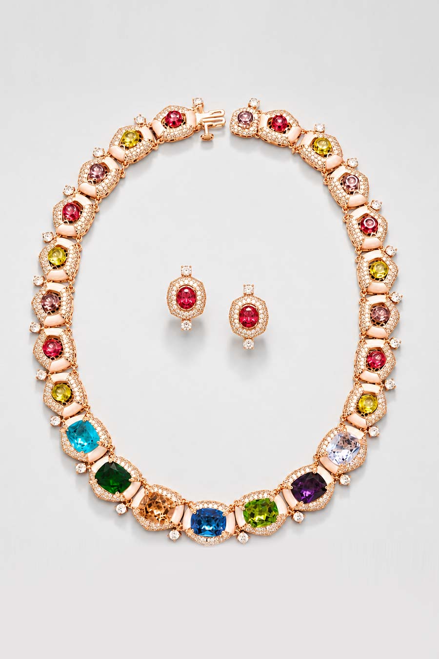 Multi-Gemstone Tennis Necklace & Stud Earrings Set