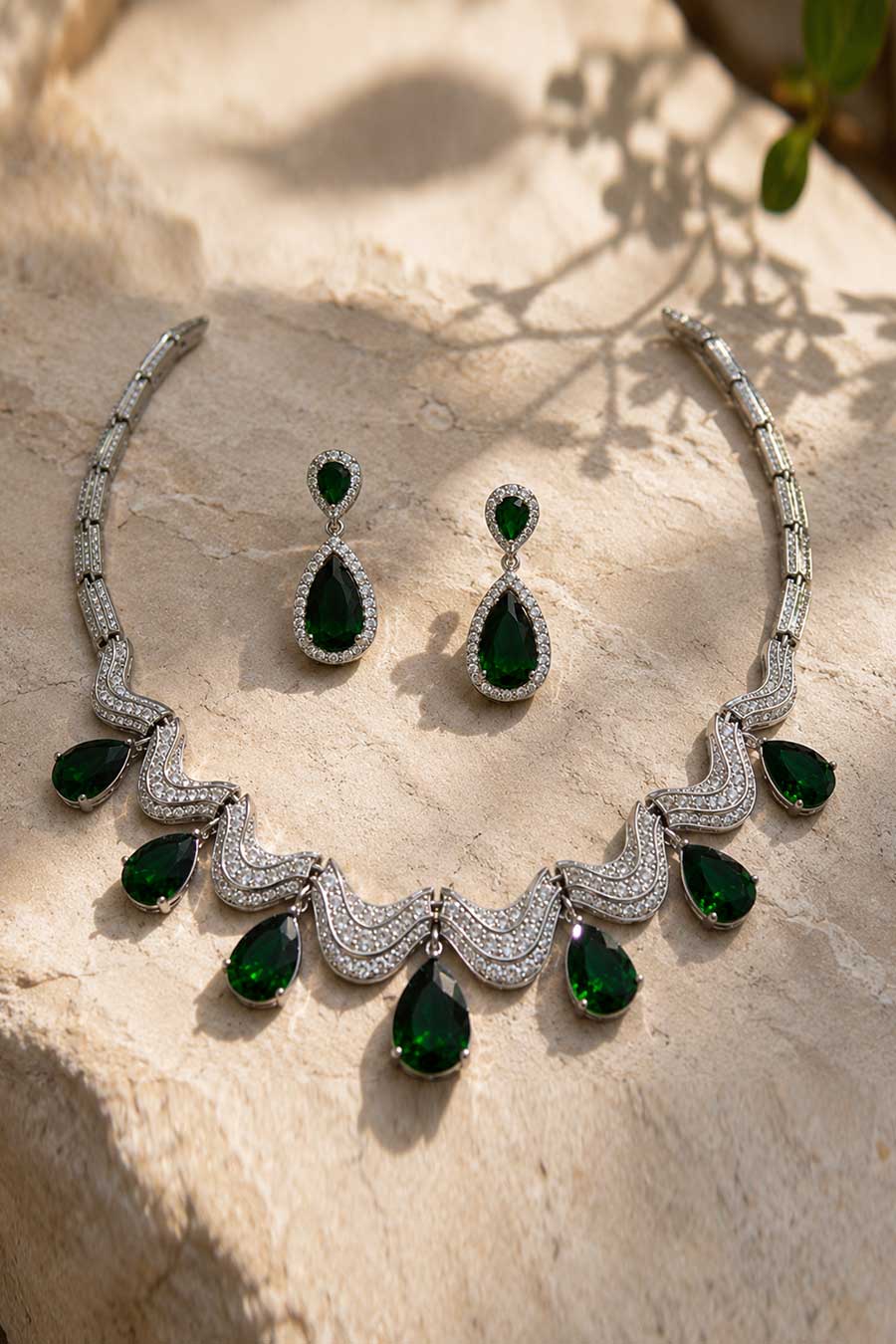 Emerald Teardrop Necklace & Drop Earrings Set