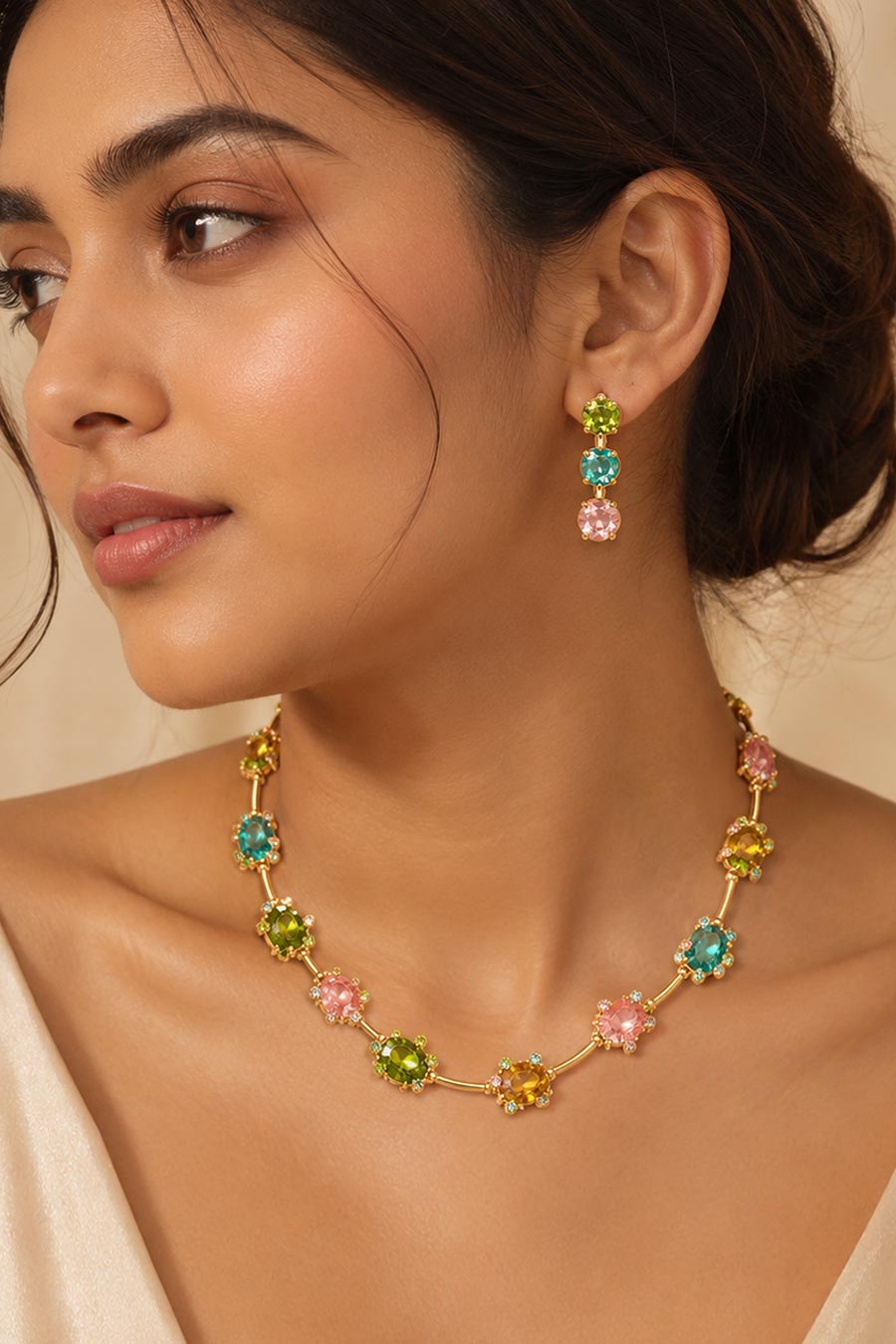 Multi-Coloured Floral Gemstone Necklace & Earrings Set