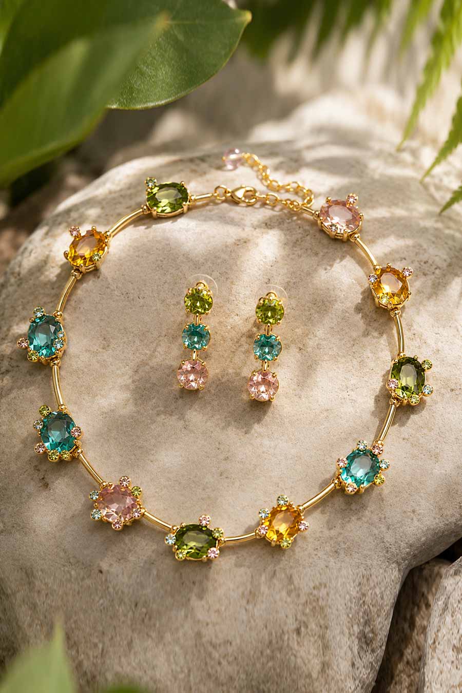 Multi-Coloured Floral Gemstone Necklace & Earrings Set